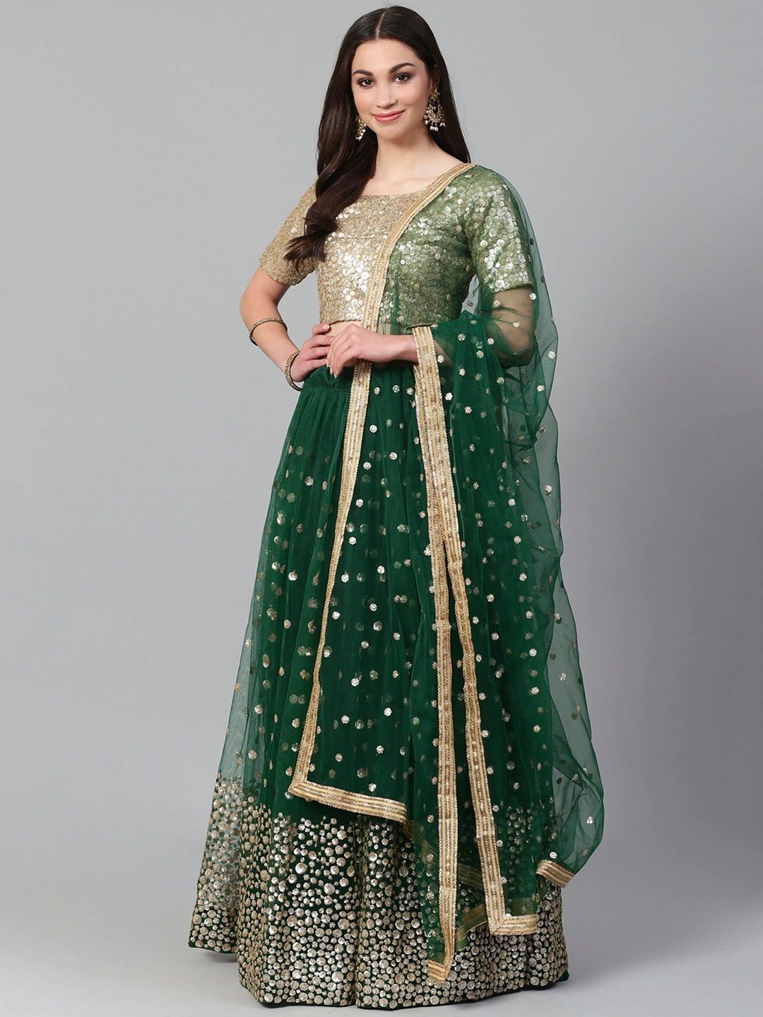 Green & Golden Semi-Stitched Myntra Lehenga & Unstitched Blouse with Dupatta