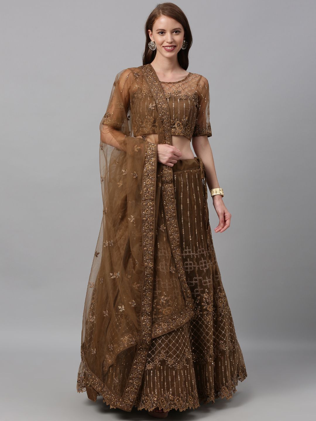 Brown Embroidered Semi-Stitched Myntra Lehenga & Blouse with Dupatta