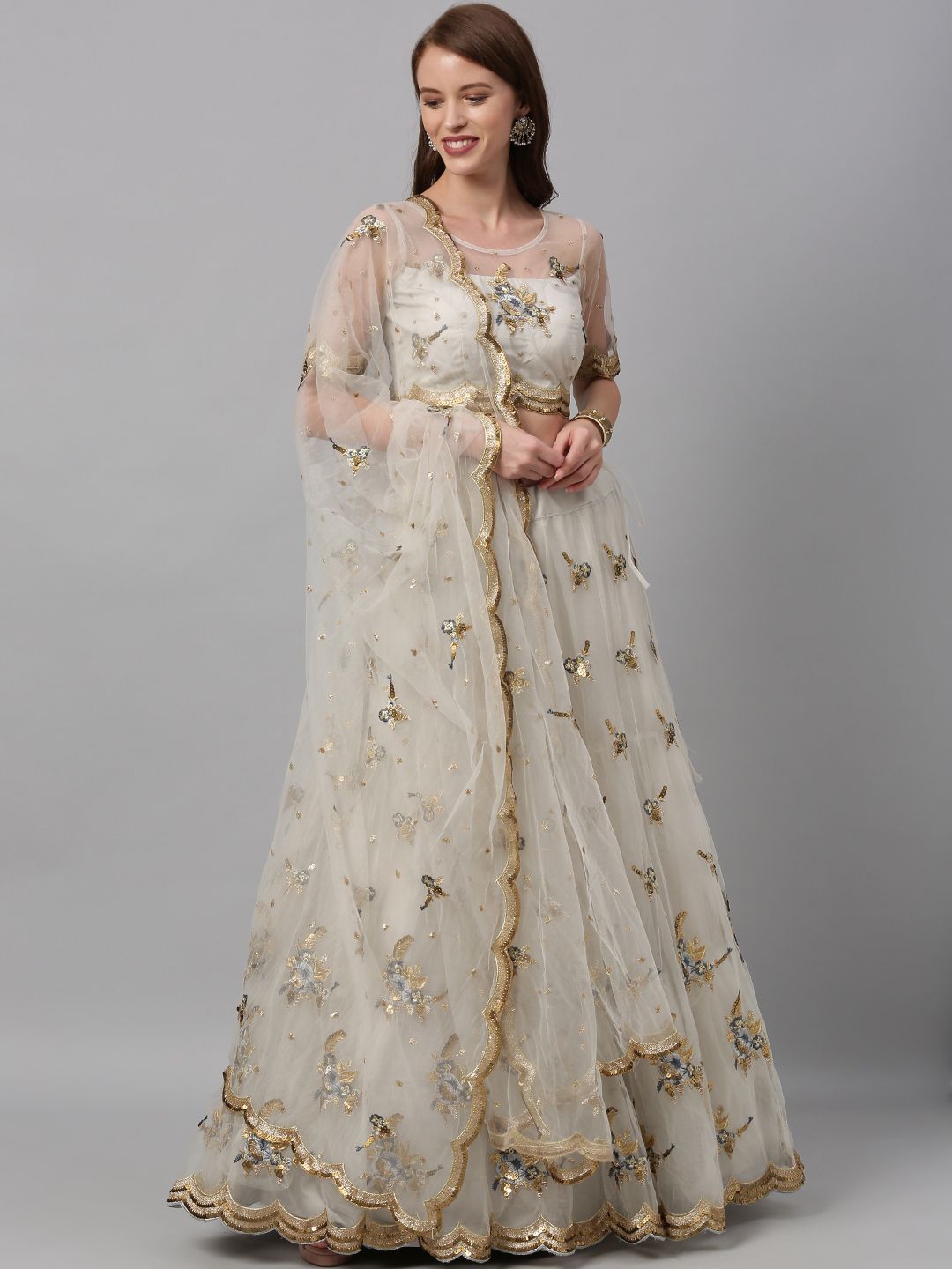 Grey Semi-Stitched Sequinned Myntra Lehenga & Blouse with Dupatta