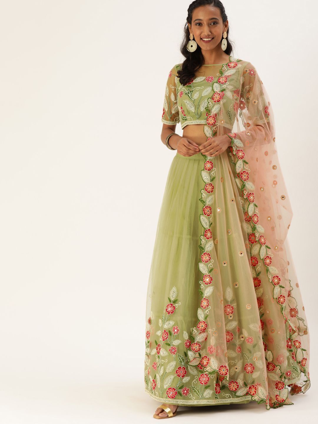 Green & Green Embroidered Semi-Stitched Myntra Lehenga & Unstitched Blouse with Dupatta