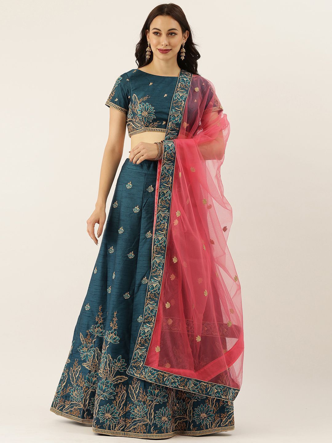 Teal & Gold-Toned Embroidered Semi-Stitched Myntra Lehenga & Unstitched Blouse with Dupatta