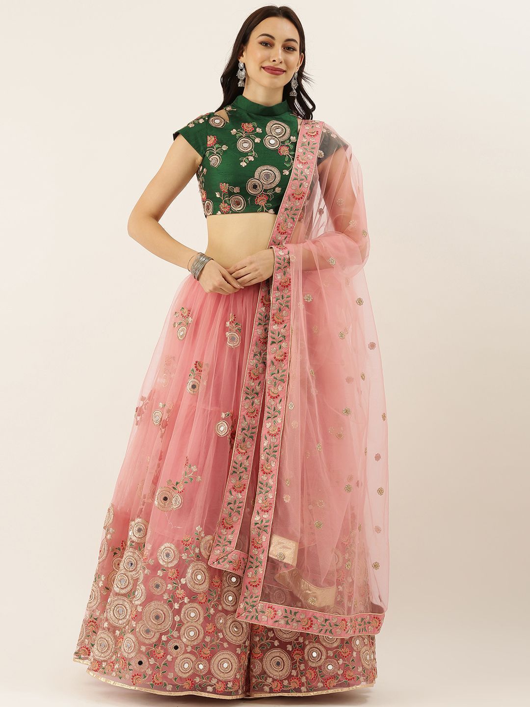 Pink & Green Embroidered Semi-Stitched Myntra Lehenga & Unstitched Blouse with Dupatta