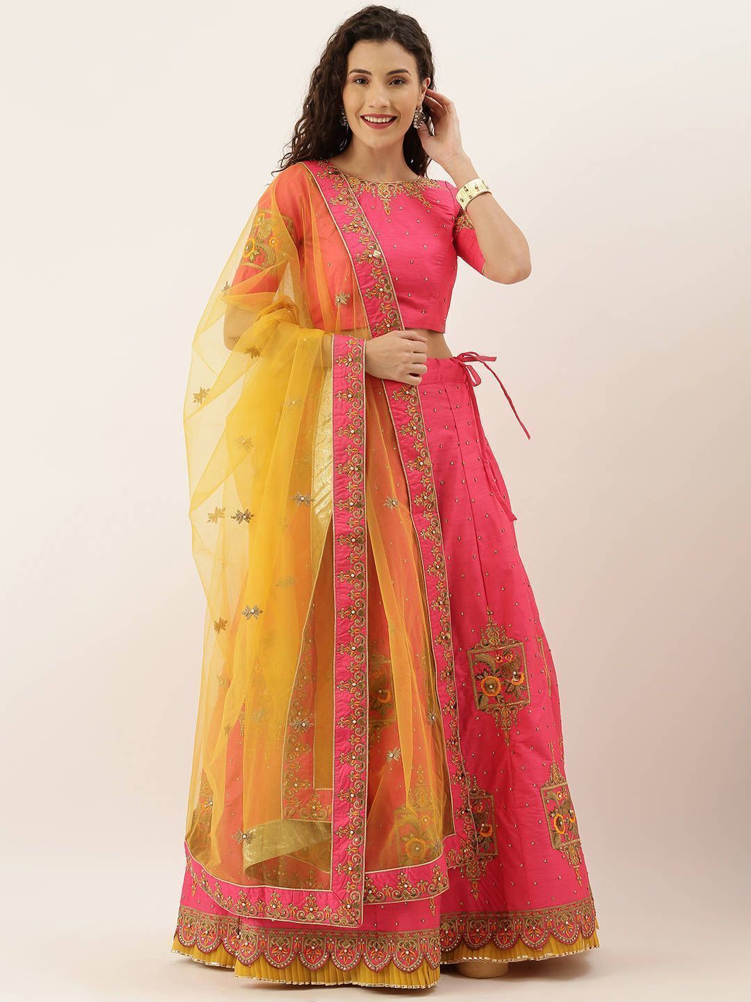 Pink & Mustard Embroidered Semi-Stitched Myntra Lehenga & Unstitched Blouse with Dupatta