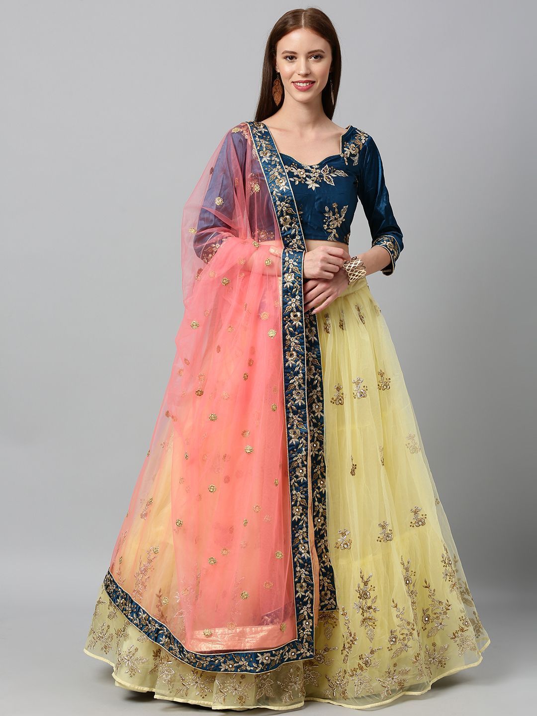 Yellow & Navy Blue Embroidered Semi-Stitched Myntra Lehenga & Unstitched Blouse with Dupatta