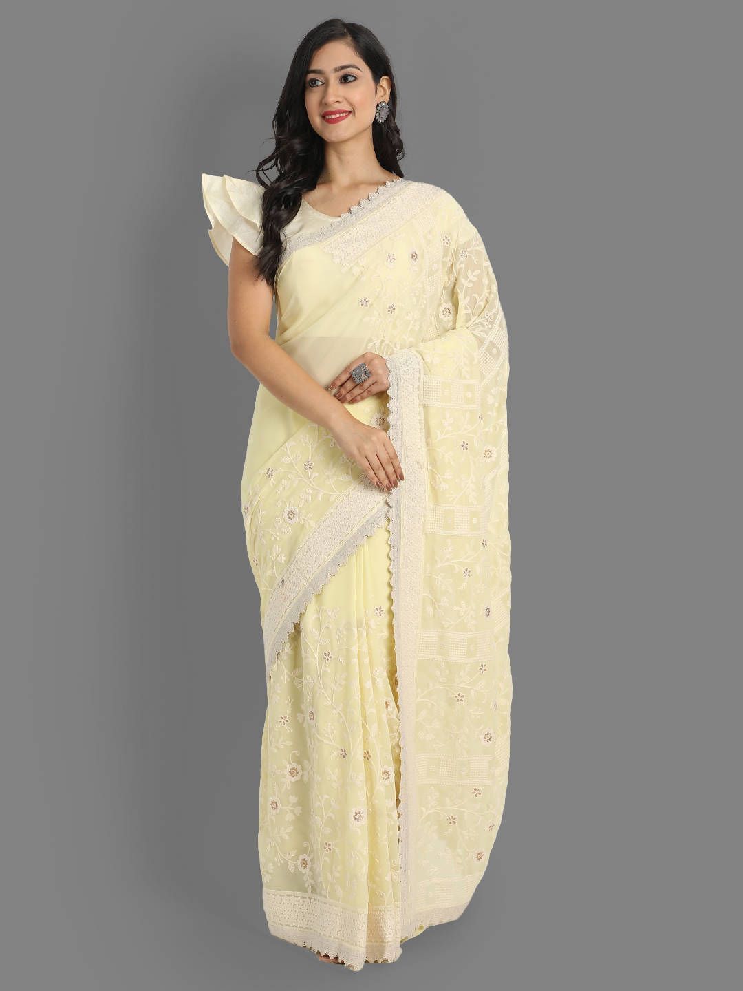 Lime Yellow Lakhnavi Georgette Party Wear Saree With Blouse