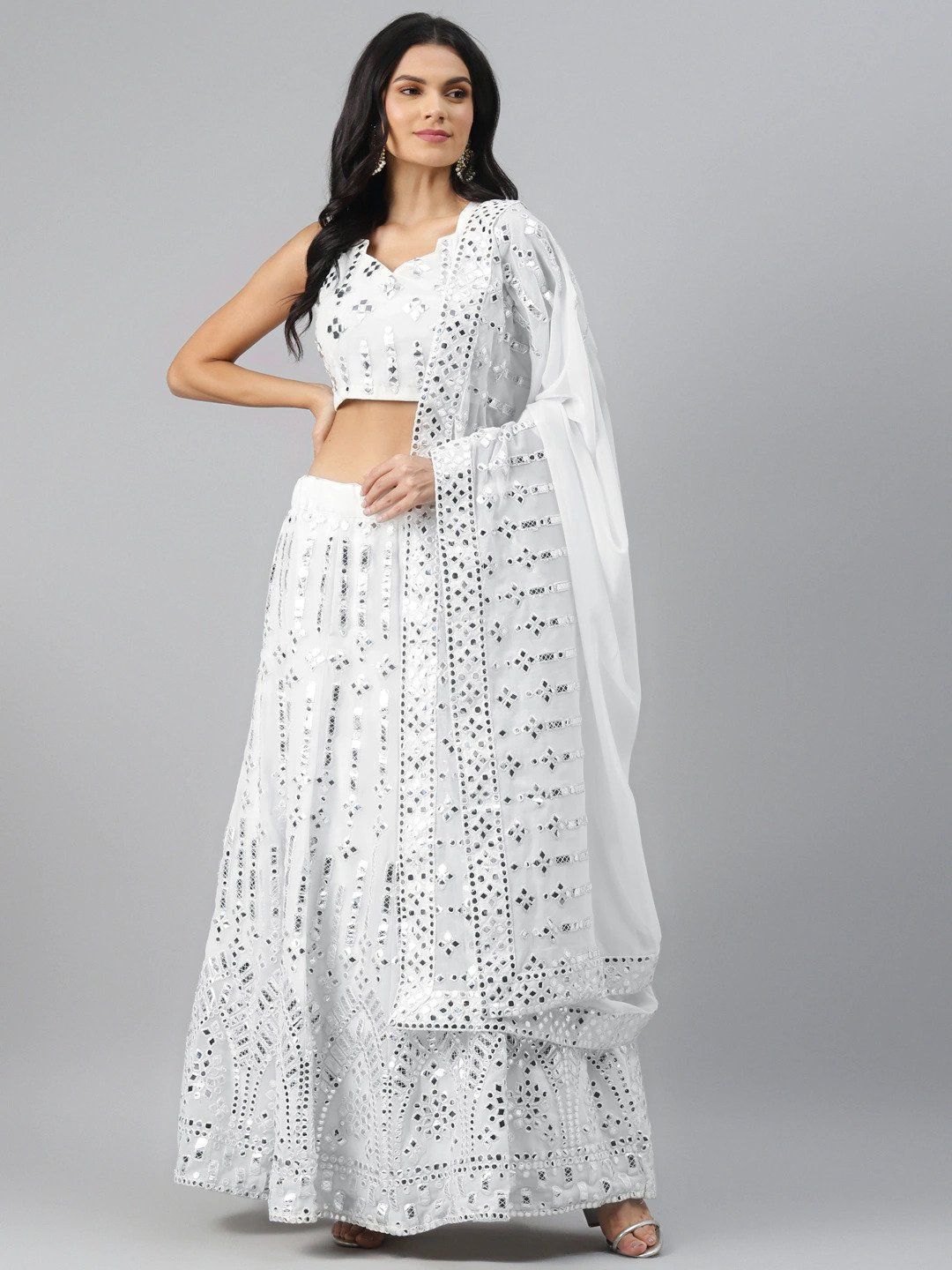 White & Silver-Toned Embellished Semi-Stitched Myntra Lehenga & Unstitched Blouse with Dupatta
