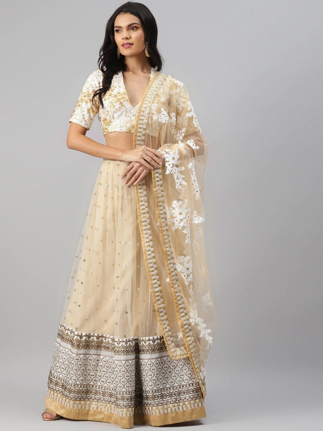 Beige & White Embroidered Semi-Stitched Mytra Lehenga & Unstitched Blouse with Dupatta