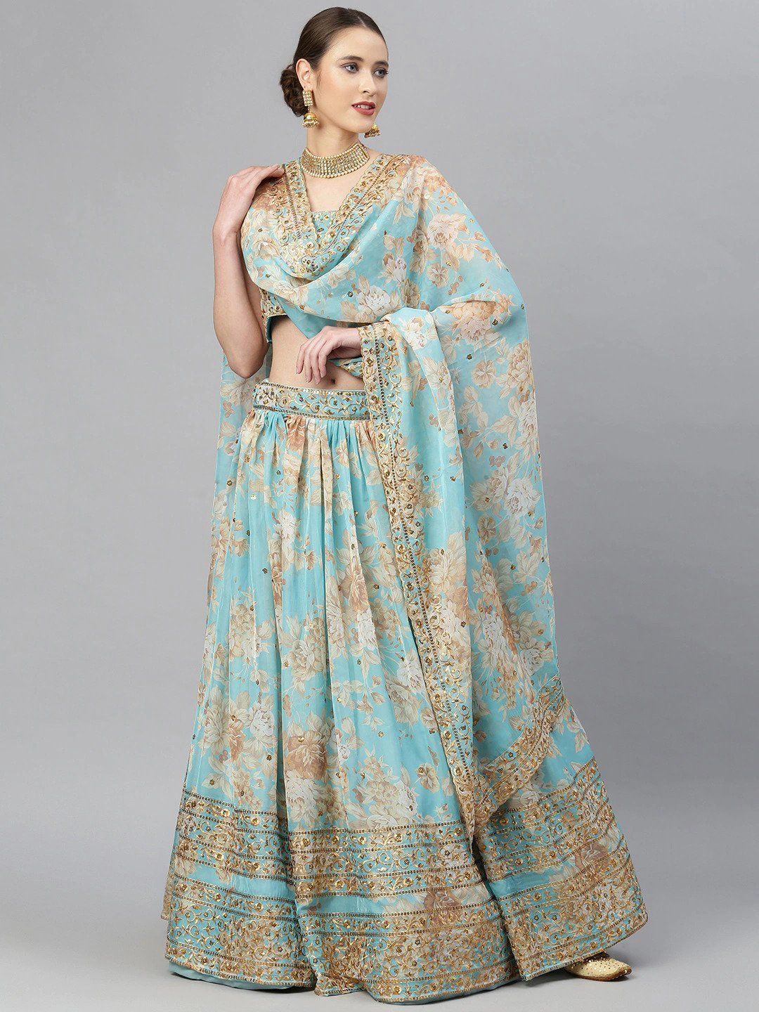 Blue & Peach-Coloured Embellished Sequinned Semi-Stitched Myntra Lehenga & Unstitched Blouse