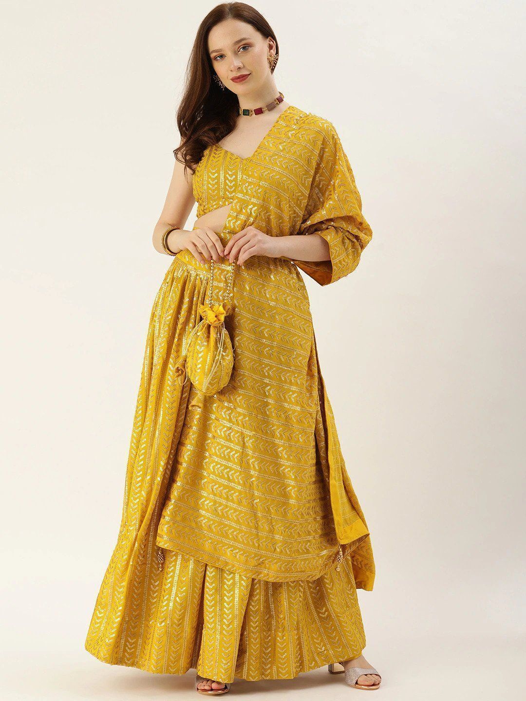 Mustard & Gold-Toned Embellished Sequinned Semi-Stitched Myntra Lehenga & Unstitched Blouse 