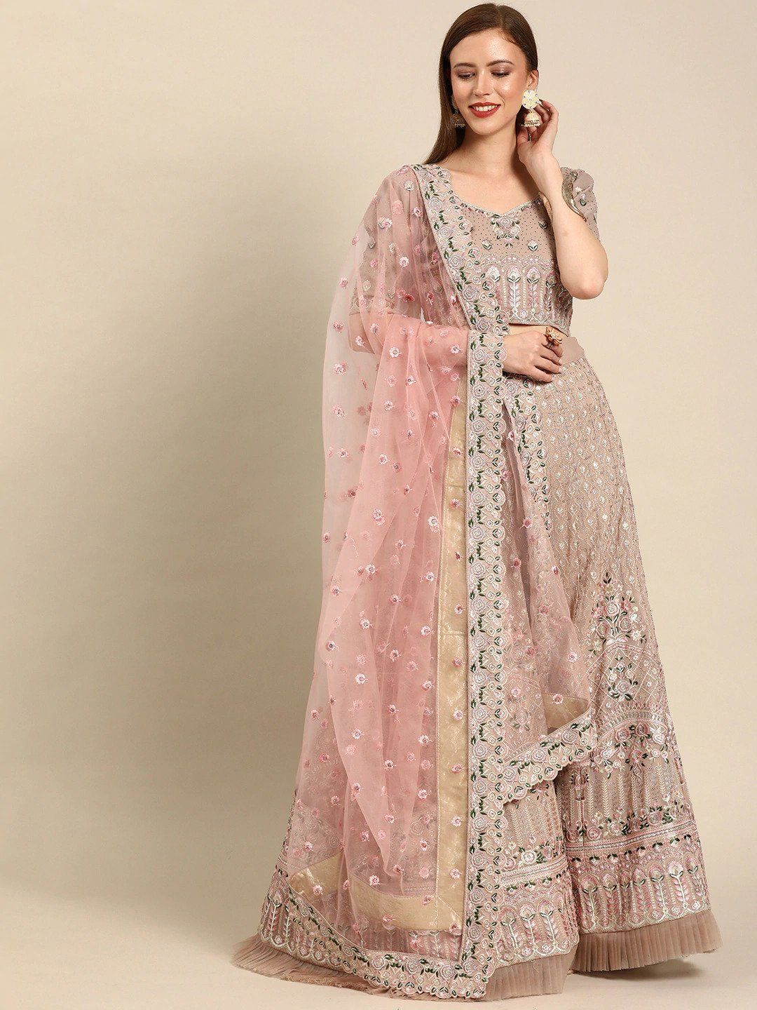 Beige & Pink Embroidered Semi-Stitched Myntra Lehenga & Blouse with Dupatta