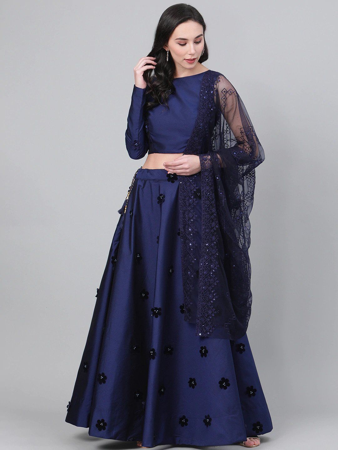 Navy Blue Applique Detail Semi-Stitched Myntra Lehenga & Unstitched Blouse with Dupatta