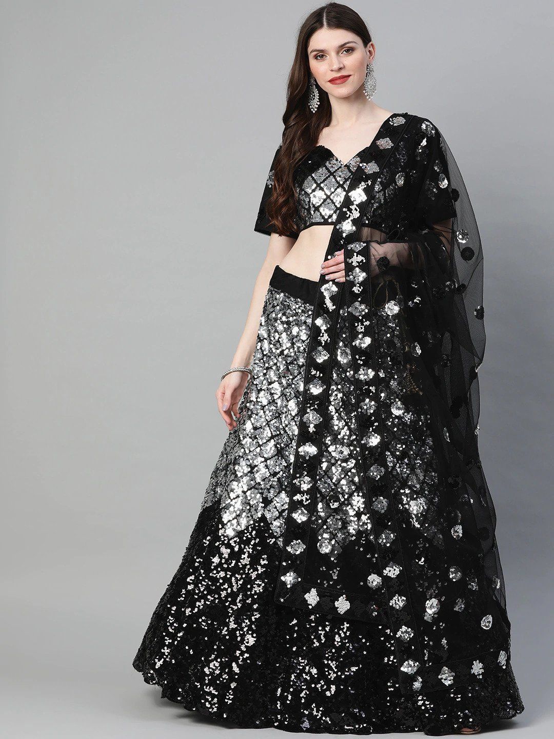 Black & Silver-Toned Embellished Semi-Stitched Lehenga & Unstitched Blouse with Dupatta