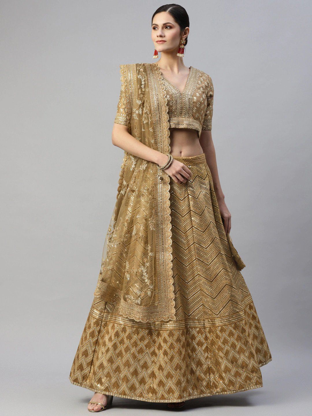 Beige Embroidered Sequinned Unstitched Myntra Lehenga & Blouse With Dupatta 