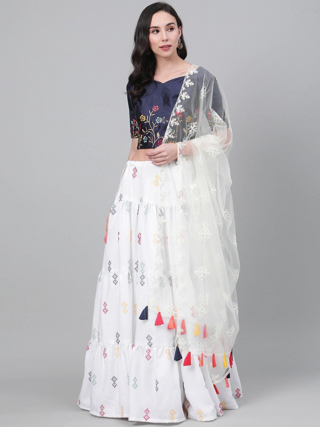 White & Navy Blue Embroidered Semi-Stitched Myntra Lehenga & Unstitched Blouse with Dupatta