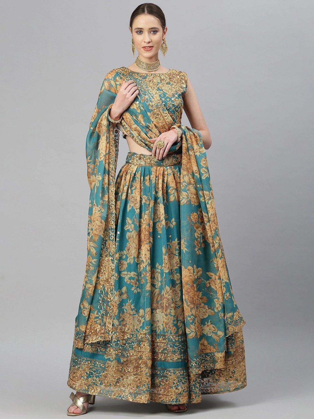 Teal & Peach-Coloured Embellished Sequinned Semi-Stitched Myntra Lehenga & Unstitched Blouse (Default)