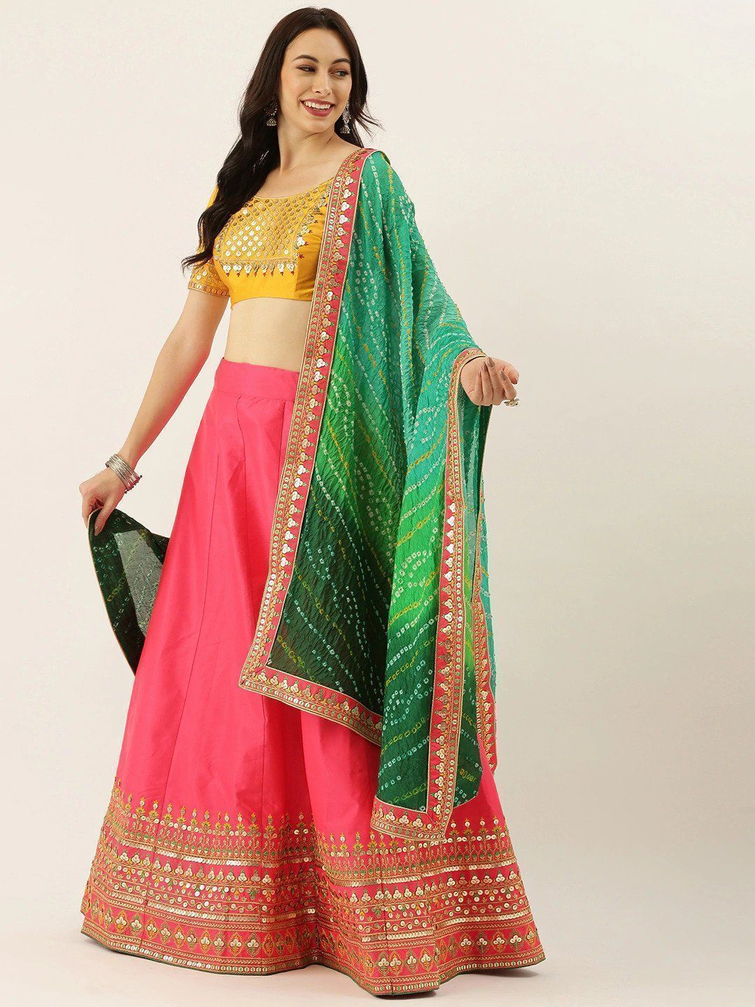 Pink Embroidered Semi-Stitched Myntra Lehenga &Unstitched Blouse with Dupatta