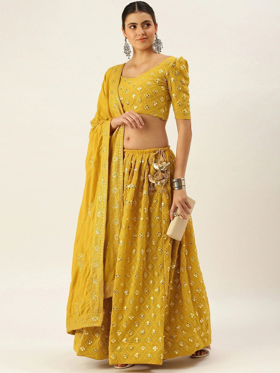 Mustard Sequin Semi-Stitched Myntra Lehenga & Unstitched Blouse with Dupatta