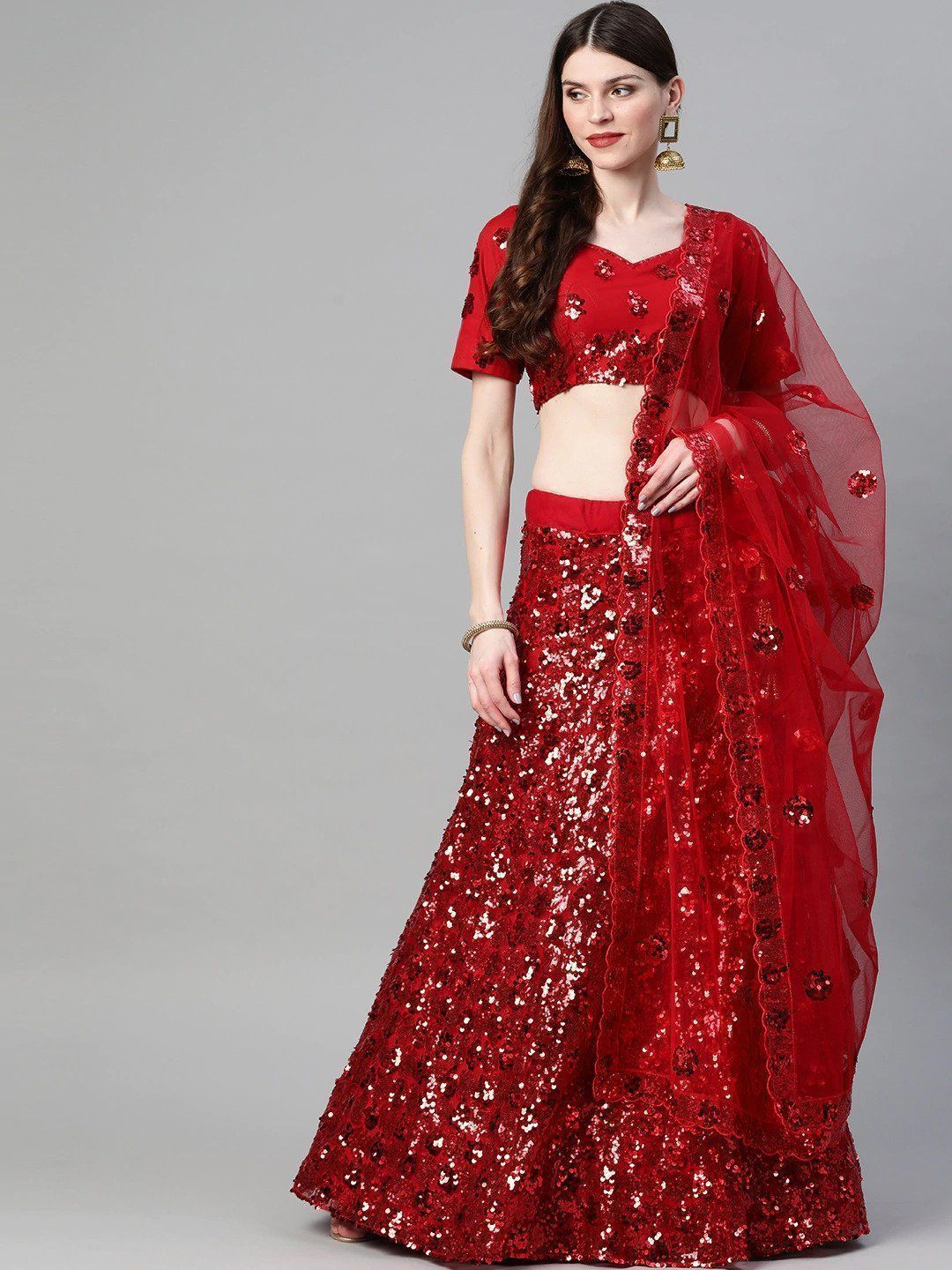 Red Sequinned Semi-Stitched Myntra Lehenga & Blouse with Dupatta