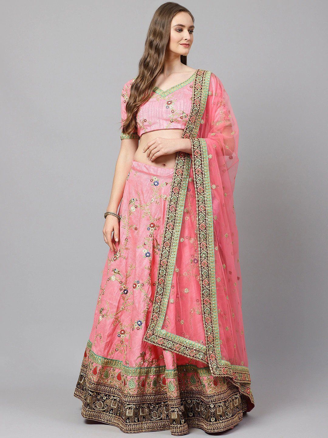 PPink & Green Embroidered Semi-Stitched Myntra Lehenga & Unstitched Blouse with Dupatta