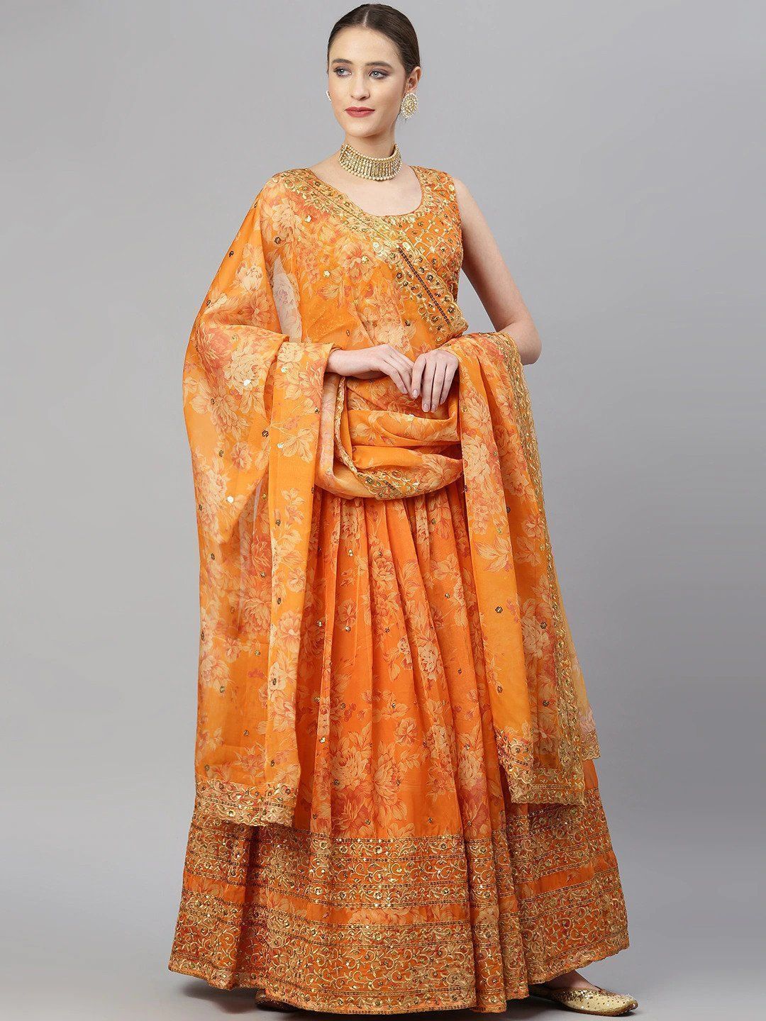 Orange & Gold-Toned Embellished Sequinned Semi-Stitched Myntra Lehenga & Unstitched Blouse 