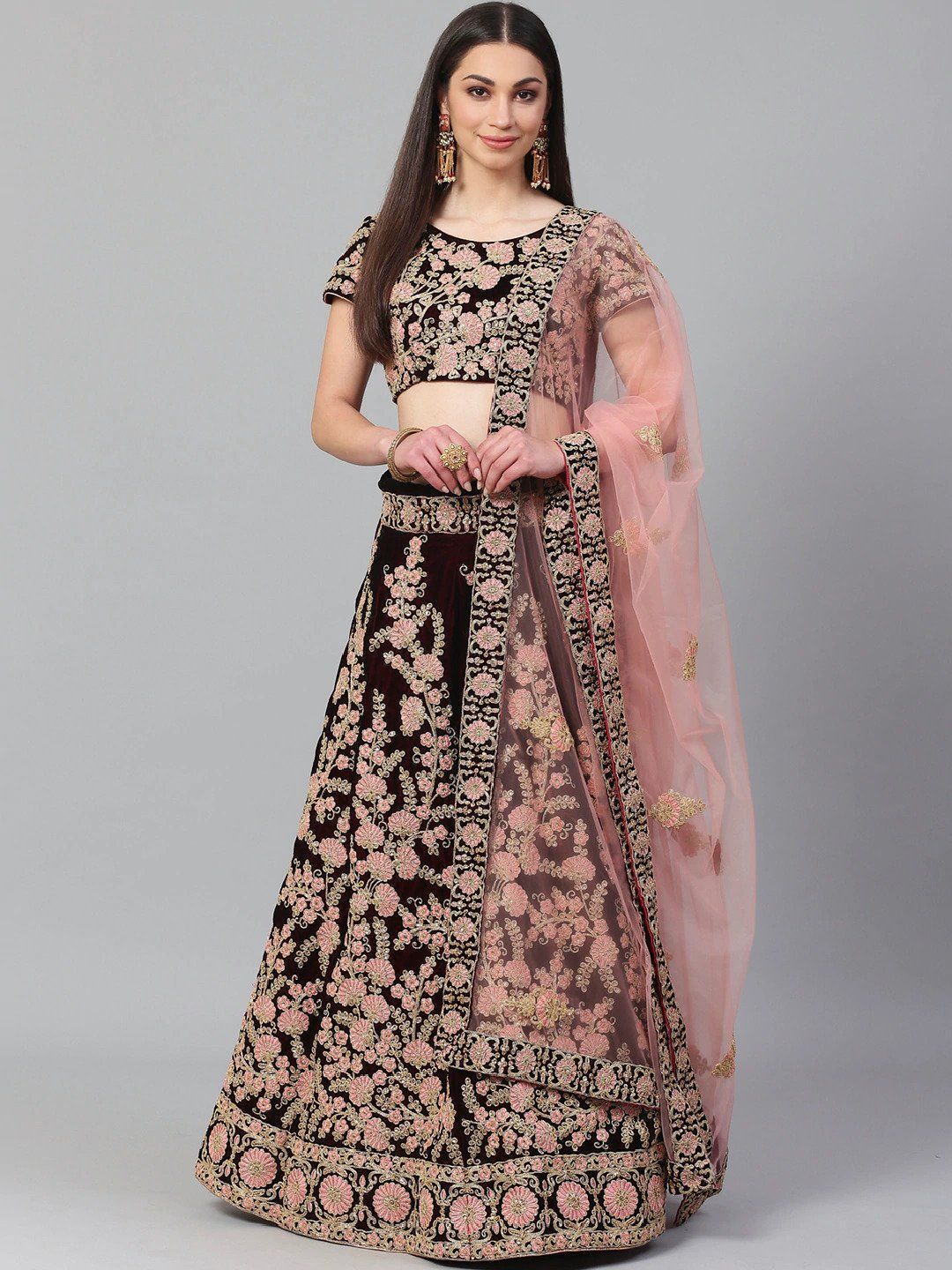 Maroon & Peach-Coloured Embroidered Semi-Stitched Myntra Lehenga & Unstitched Blouse with Dupatta