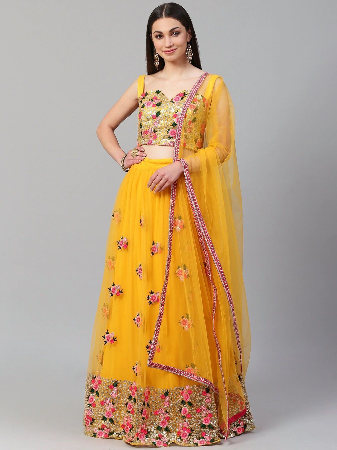Yellow & Pink Embroidered Semi-Stitched Myntra Lehenga & Unstitched Blouse with Dupatta