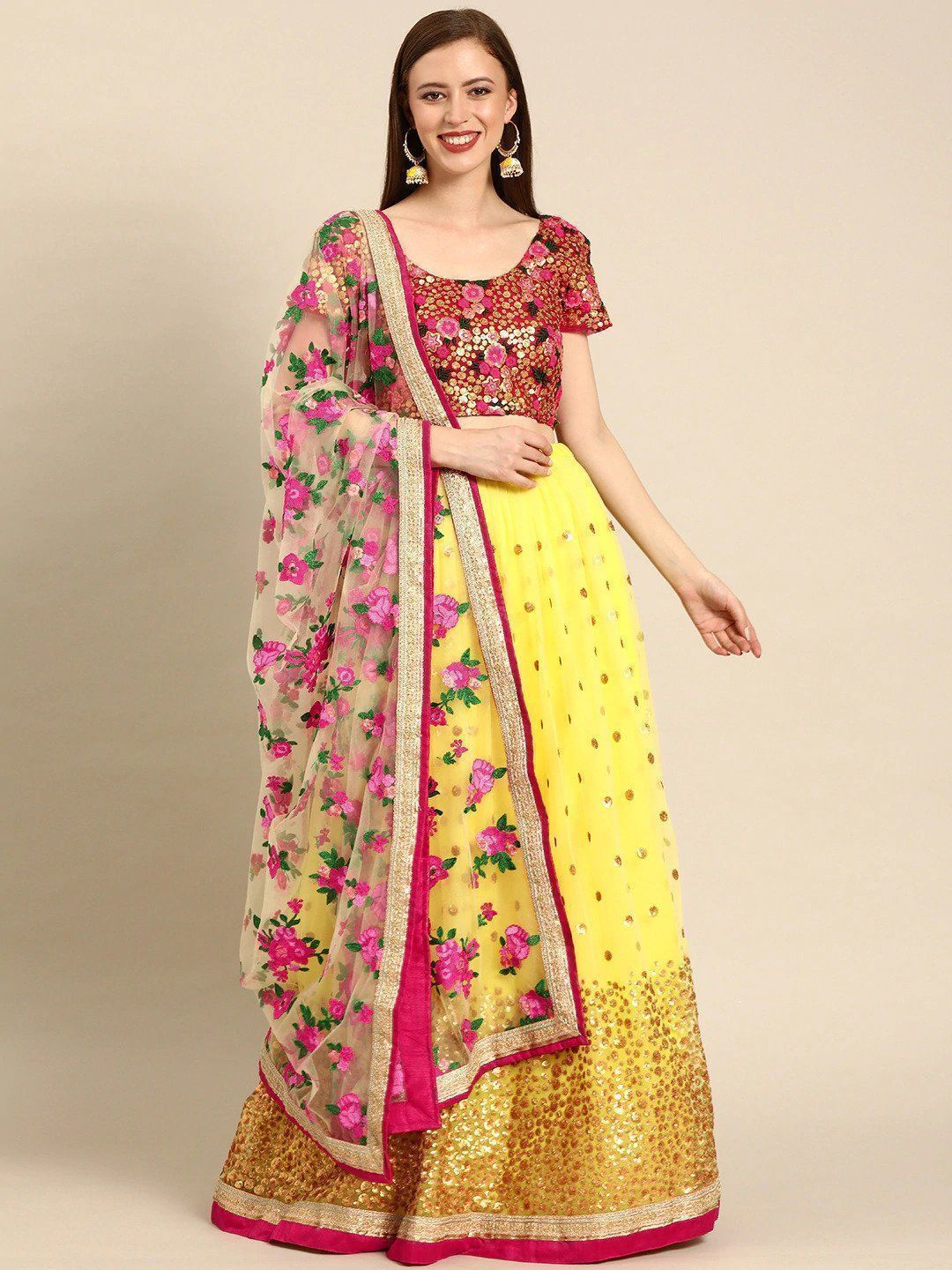 Yellow & Pink Embroidered & Sequined Semi-Stitched Myntra Lehenga & Blouse with Dupatta 