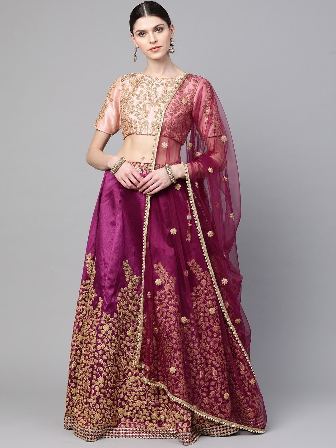 Purple & Peach-Coloured Embroidered Semi-Stitched Myntra Lehenga & Unstitched Blouse with Dupatta
