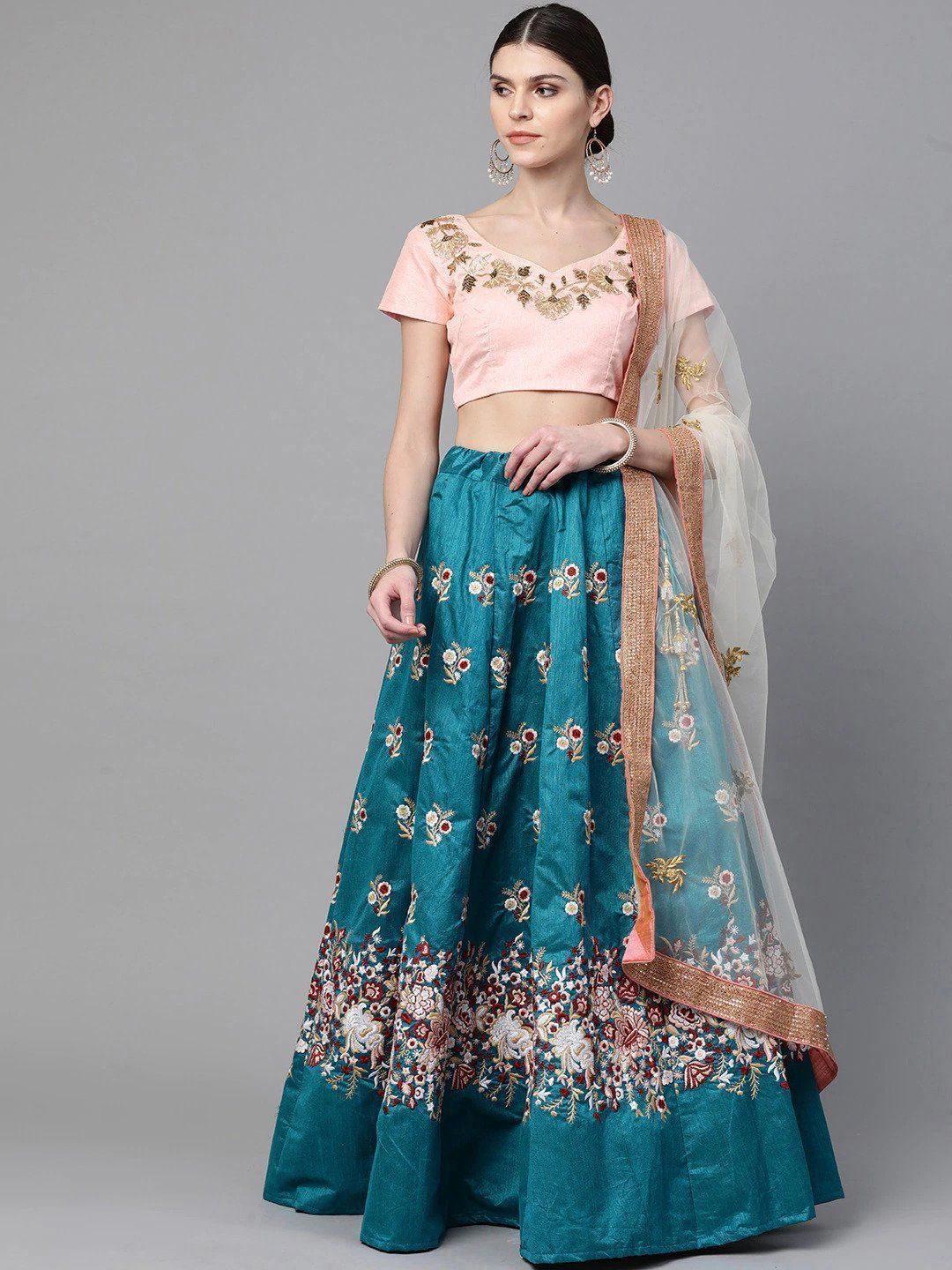 Turquoise Blue & Peach-Coloured Embroidered Semi-Stitched Myntra Lehenga & Unstitched Blouse with Dupatta