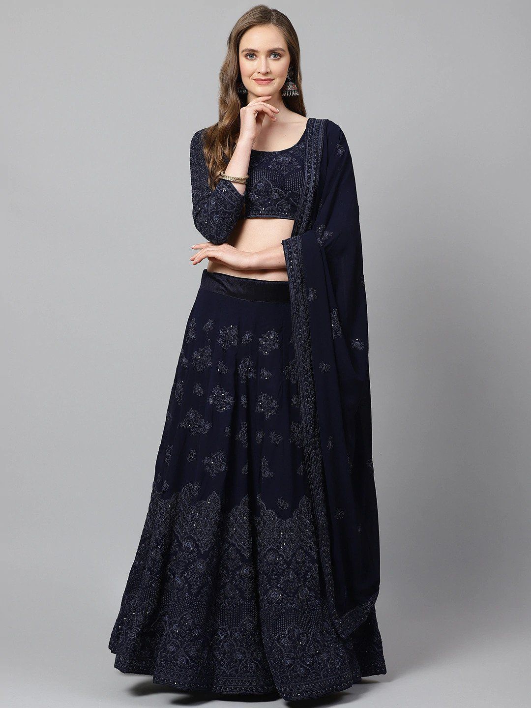 Navy Blue Embroidered Semi-Stitched Myntra Lehenga & Blouse with Dupatta 