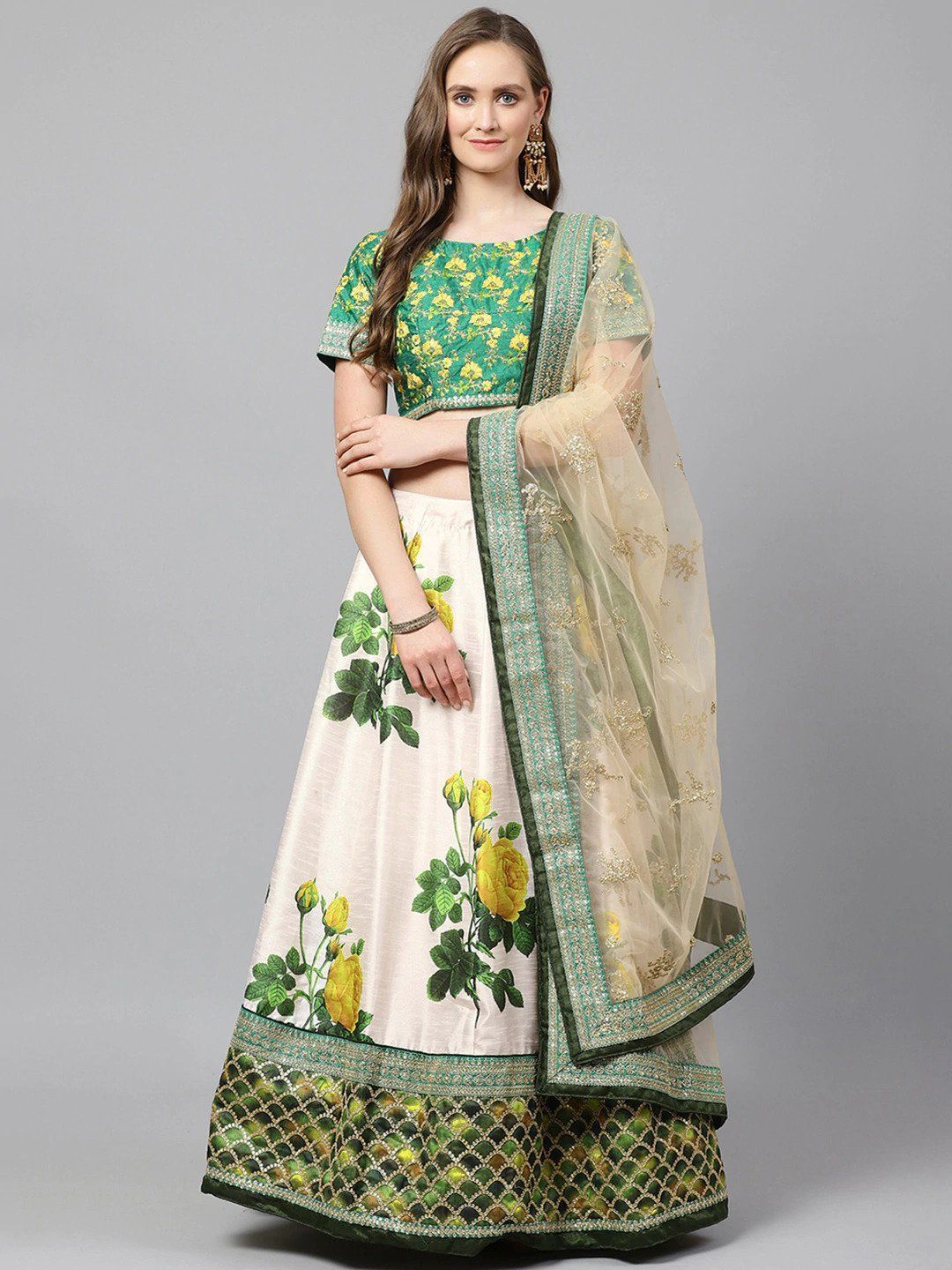 Cream-Coloured & Beige Embroidered Semi-Stitched Myntra Lehenga & Unstitched Blouse with Dupatta