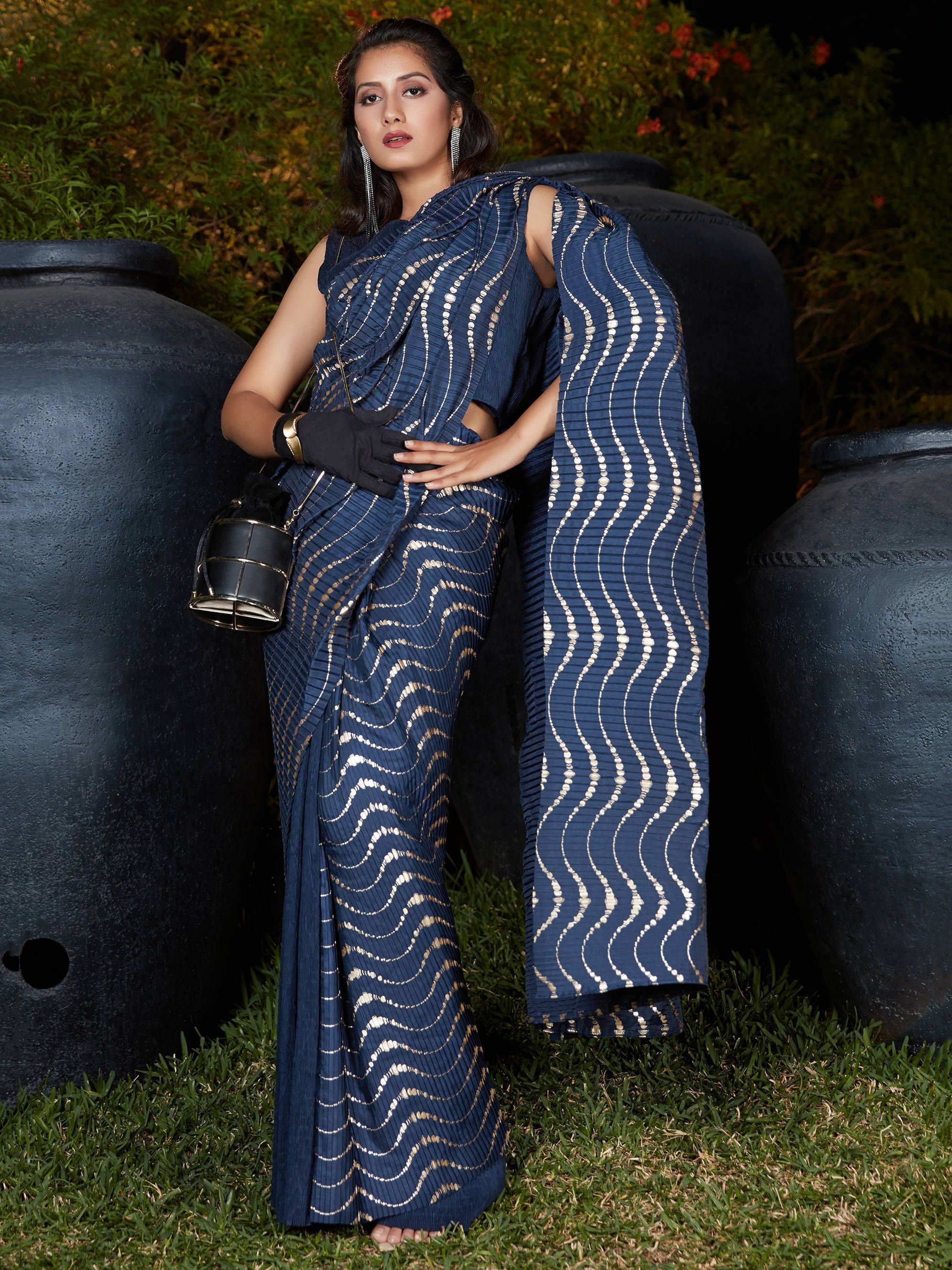 Navy Blue Foil work Silk Party Wear Pleated Saree With Blouse