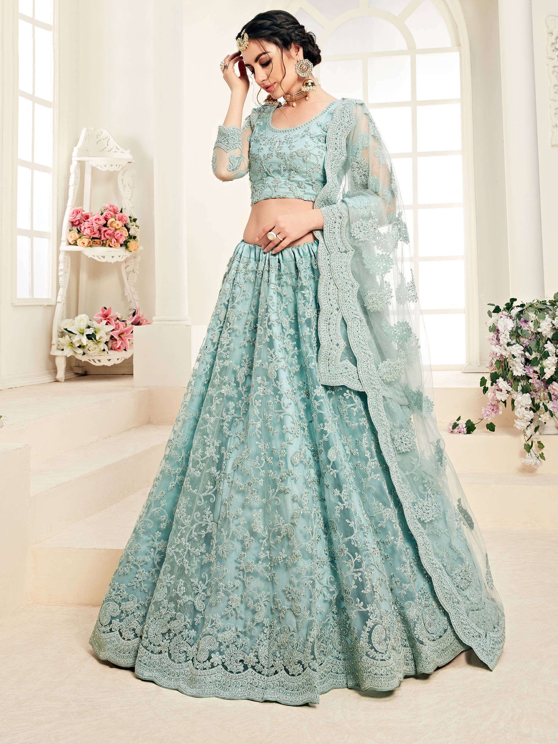 Aqua Blue Embroidered Net Wedding Wear Lehenga Choli