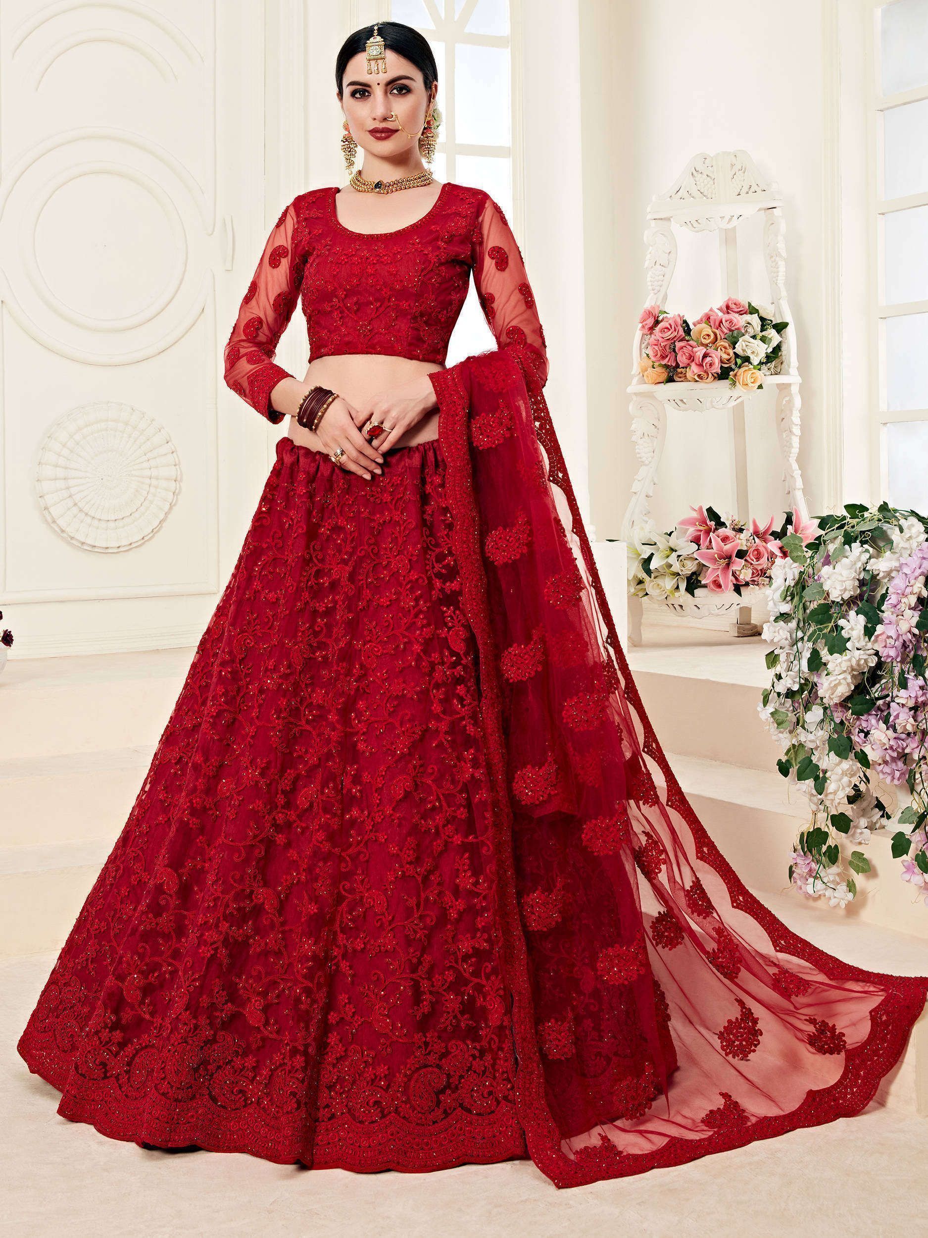 Red Coding Embroidered Net Wedding Wear Lehenga Choli