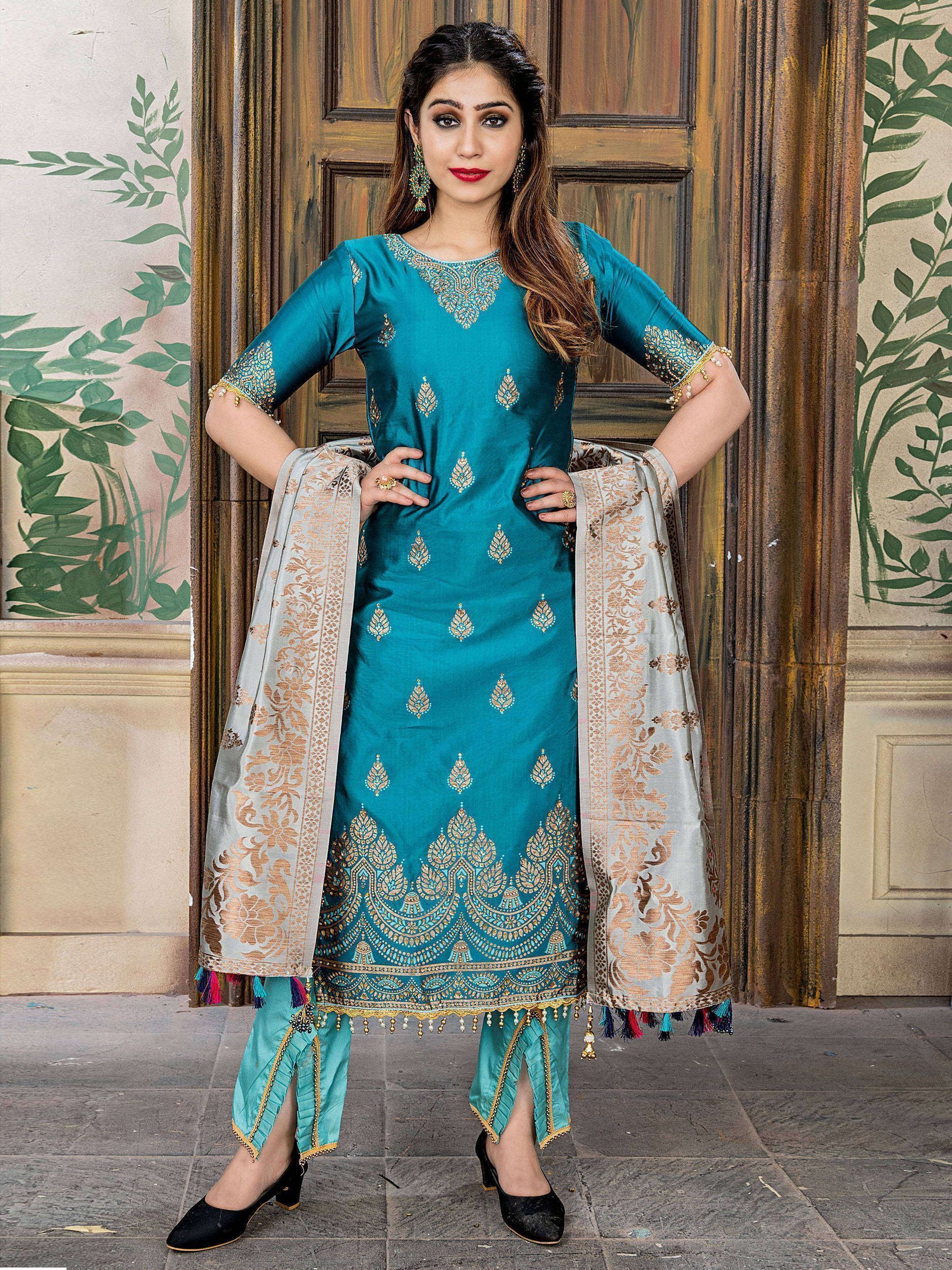 Teal Blue Embroidered Banarasi Straight Cut Pant Suit With Dupatta