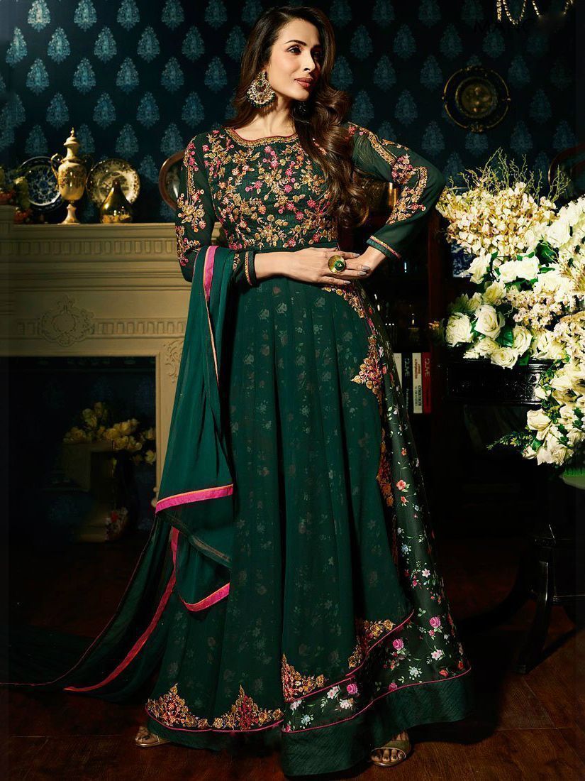 Malaika Arora Green Embroidered Party Wear Anarkali Suit
