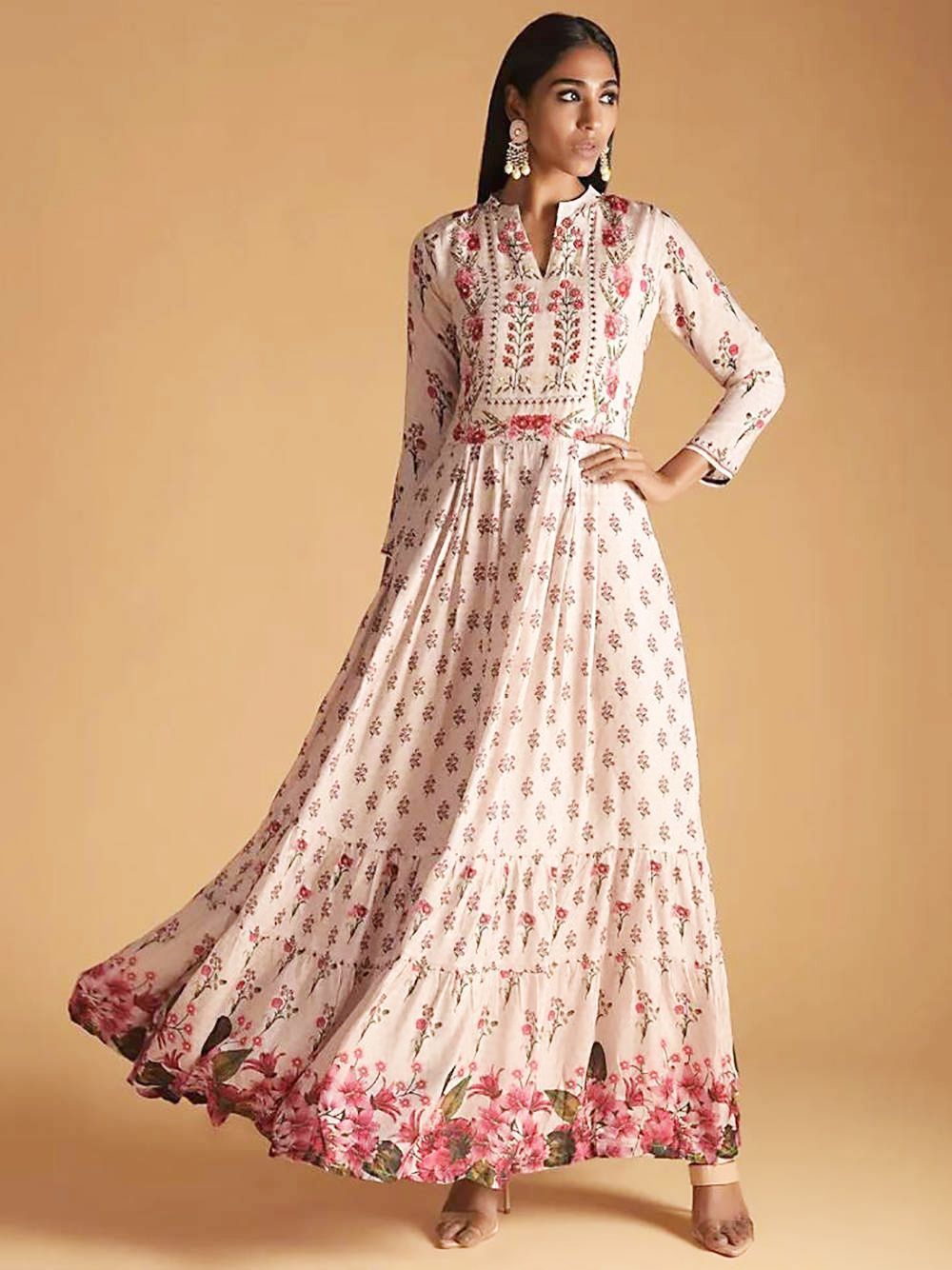 Pink Floral Printed Maslin Festive Wear Ready To Wear Long Gown