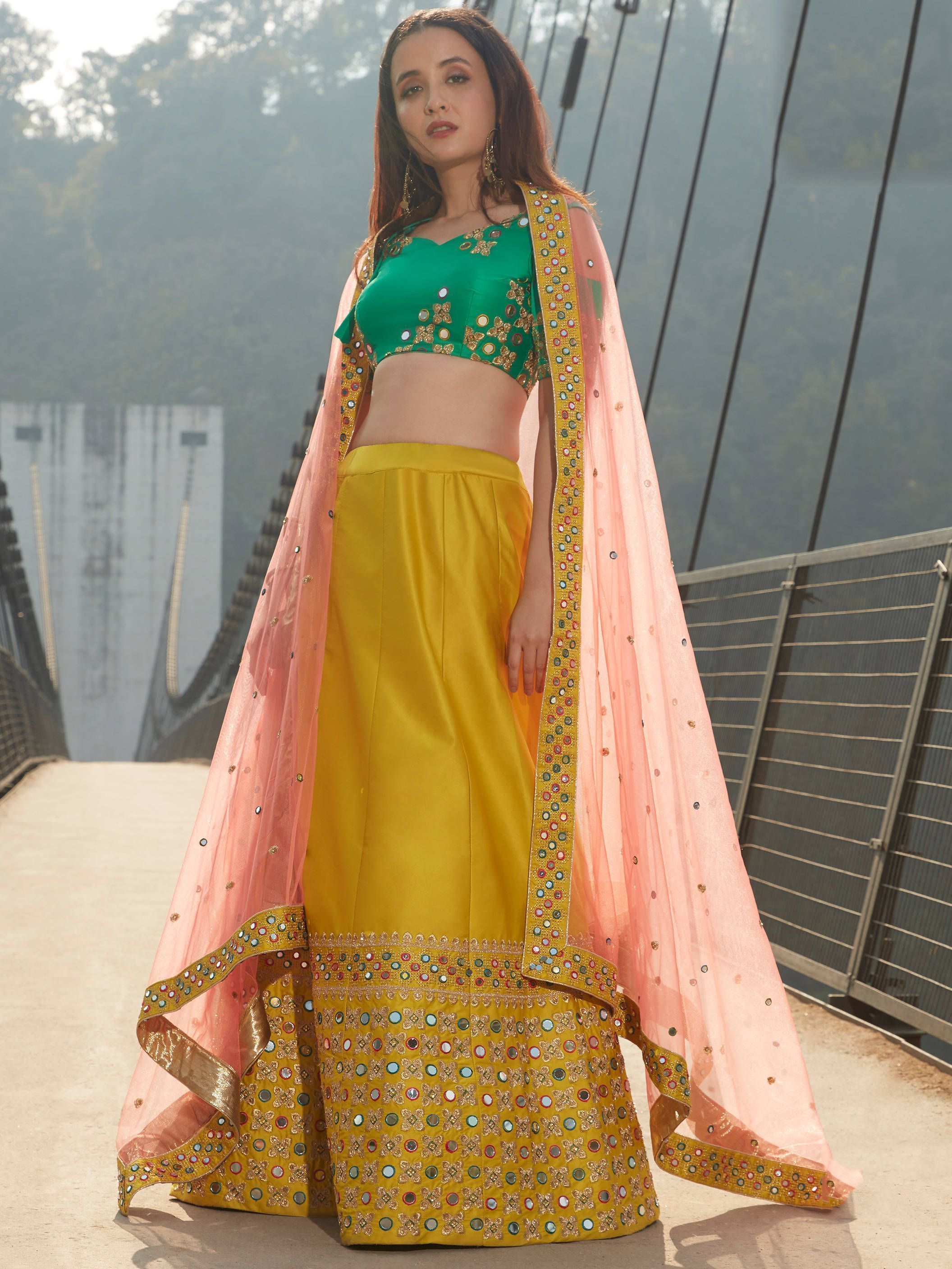 Yellow & Green Mirror Work Satin Silk Wedding Wear Lehenga Choli