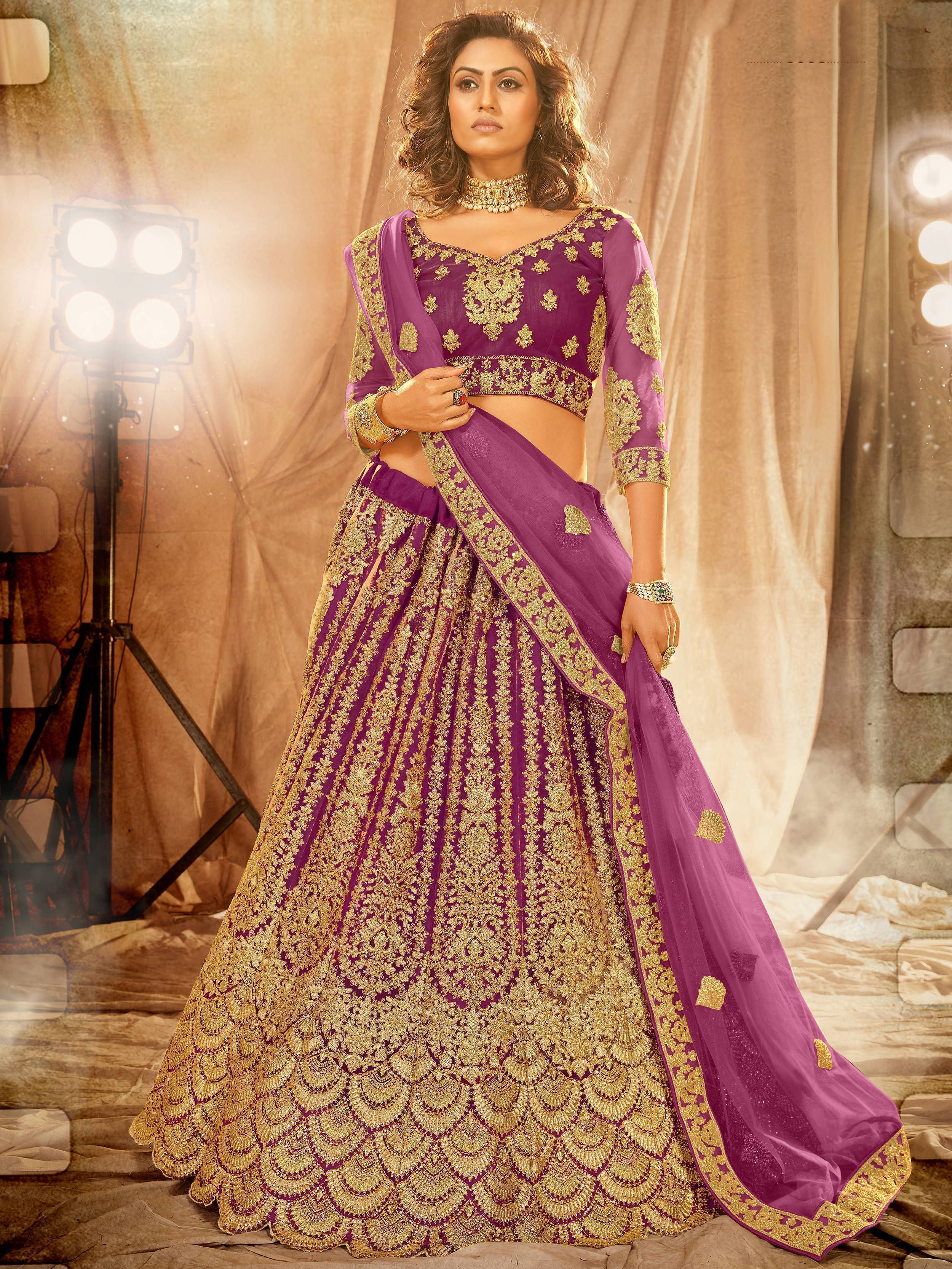 Purple Stone Coding Work Net Bridal Wear Lehenga Choli