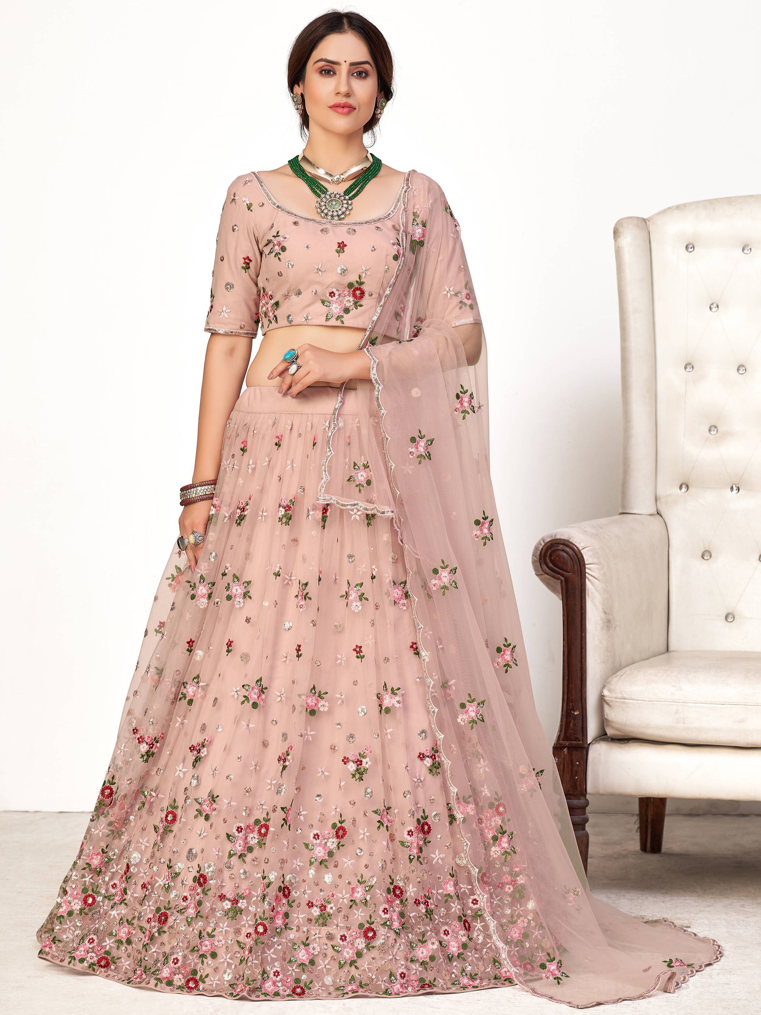 Rose Pink Floral Net Wedding Wear Lehenga Choli