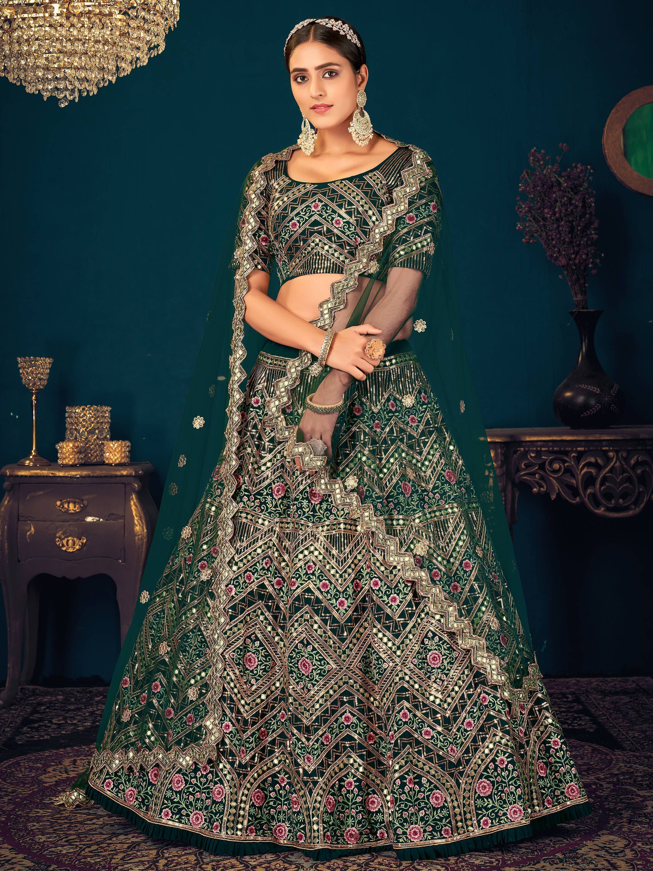 Dark Green Sequins Georgette Net Wedding Wear Lehenga Choli