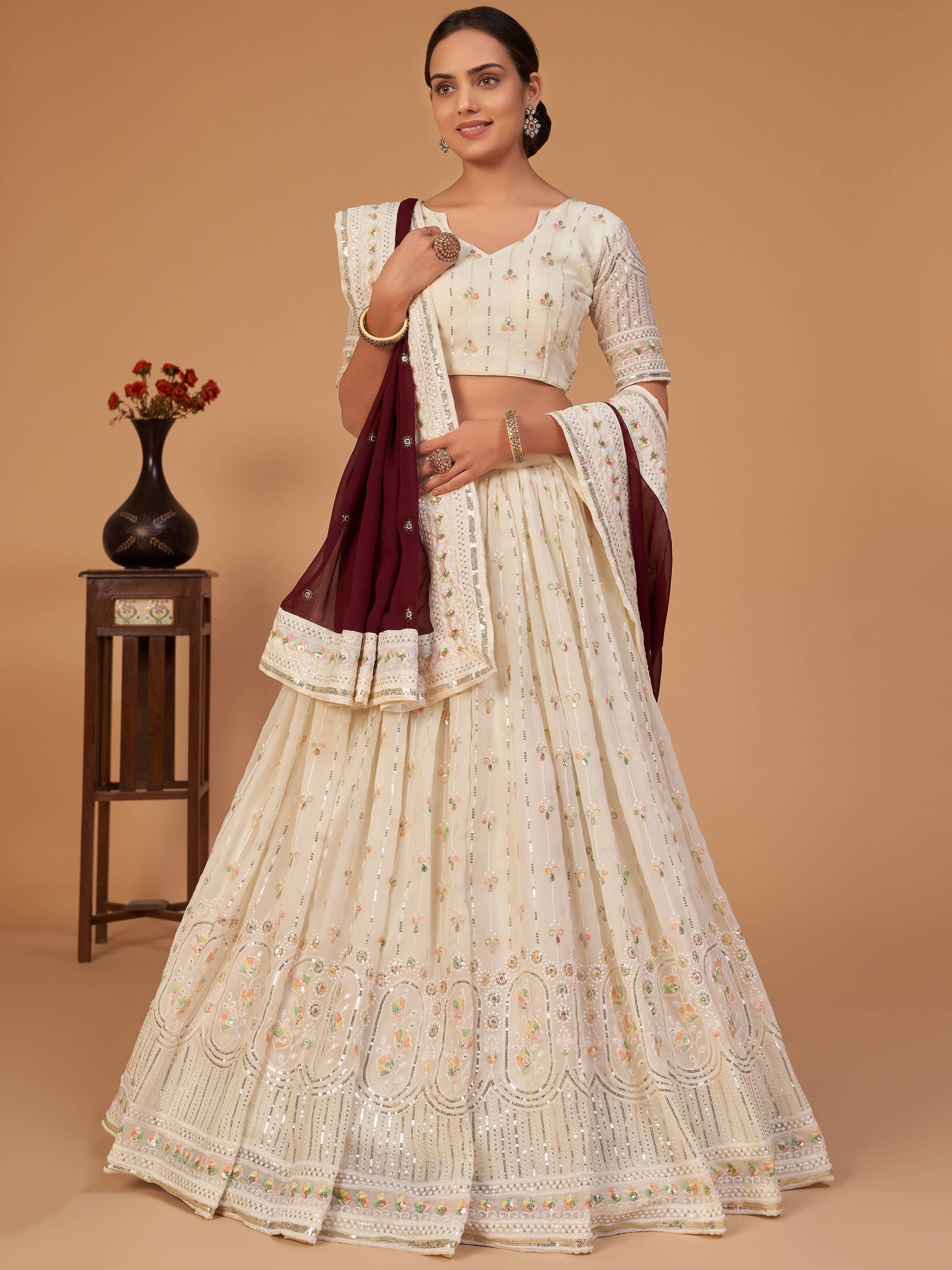 Amazing Off-White Georgette Thread Embroidery Party Wear Lehenga Choli