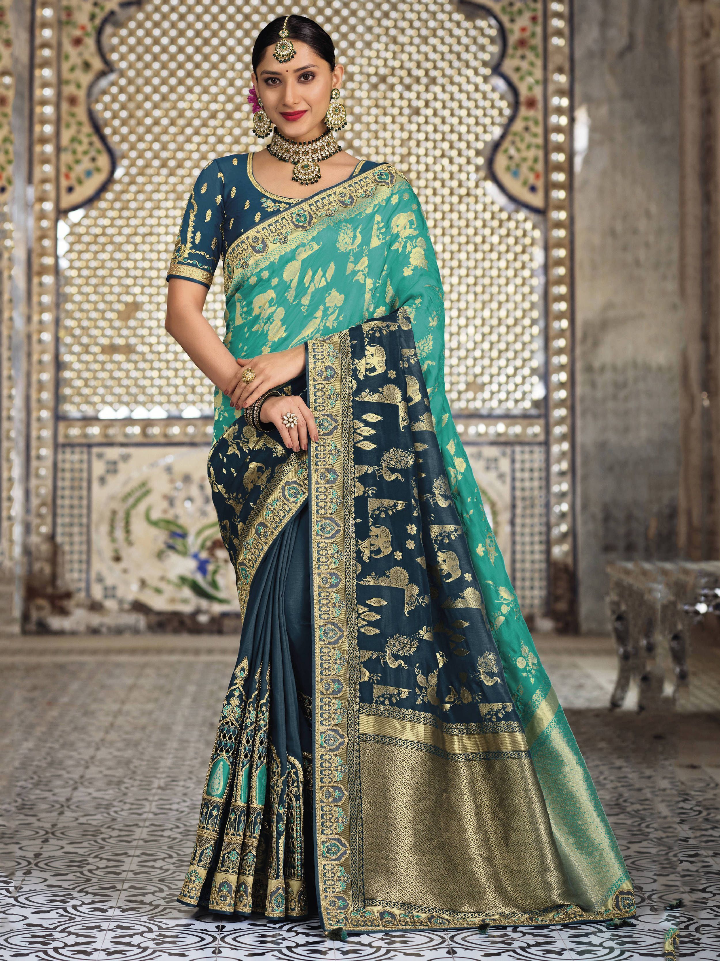 Gorgeous Blue Embroidered Silk Wedding Wear Saree (Default)