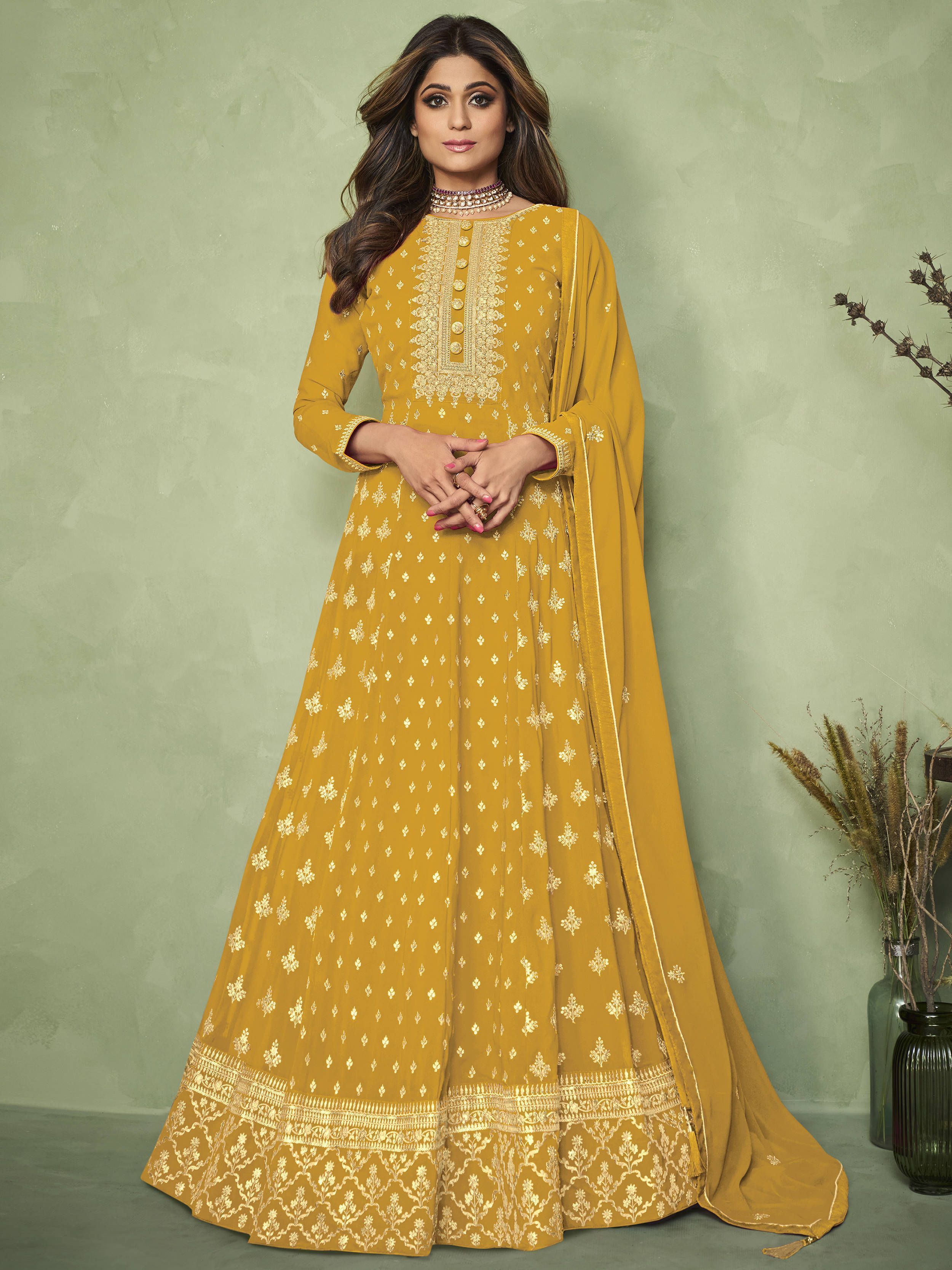 Special Yellow Embroidered Festive Wear Gown With Dupatta