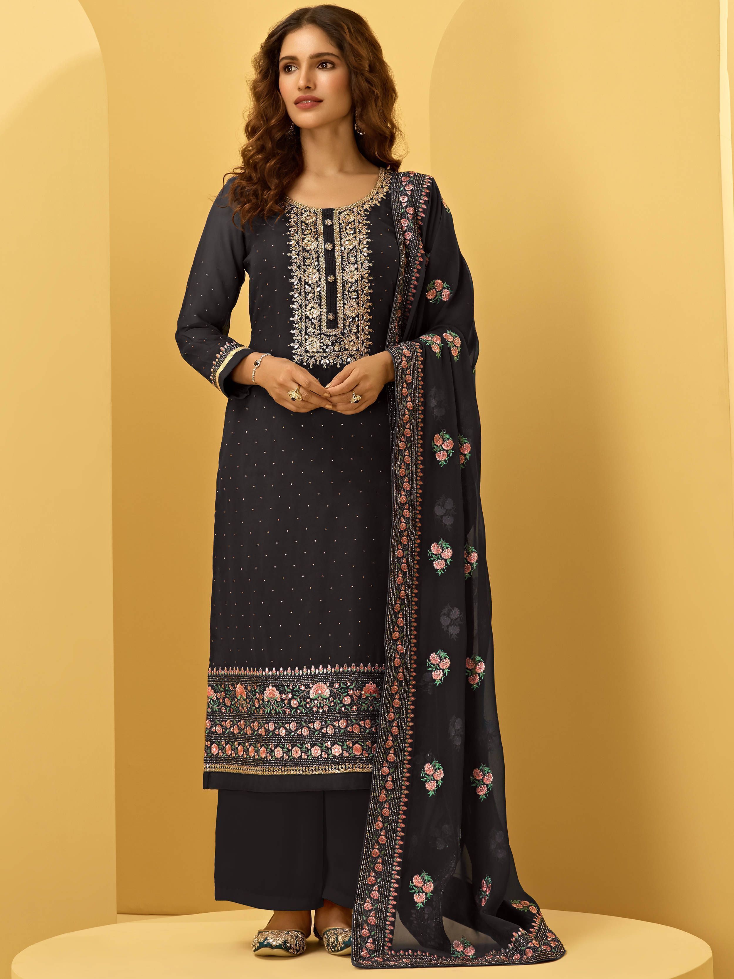 Black Georgette Thread Embroidered Festive Palazzo Suit