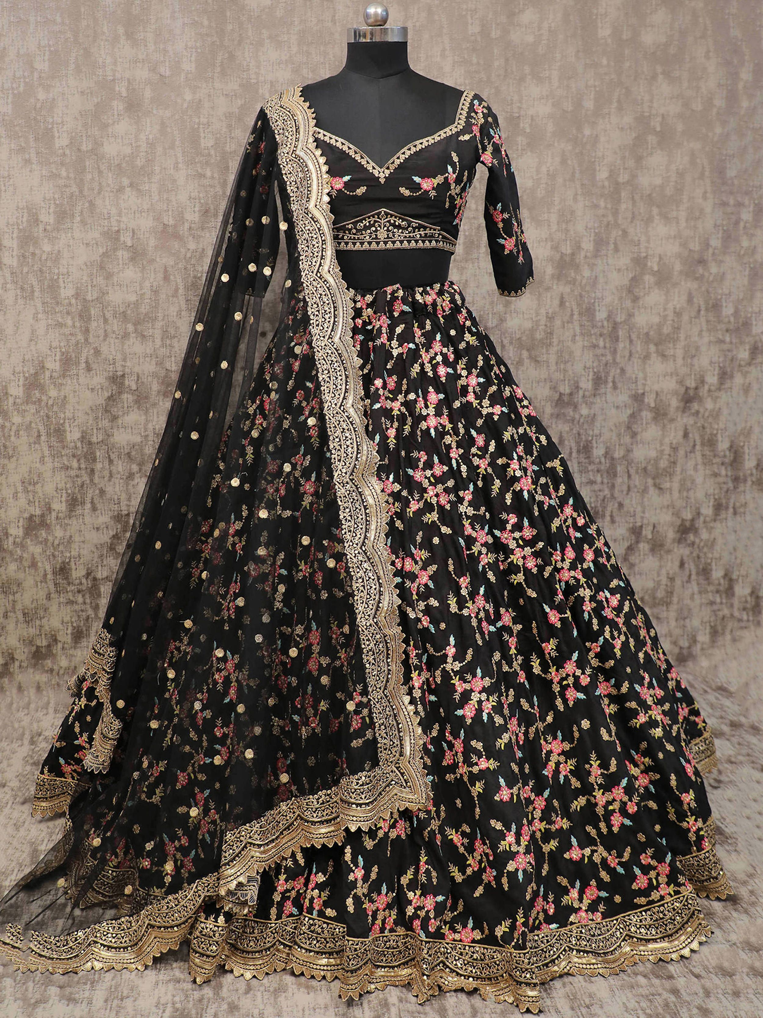 Stunning Black Embroidery Chinon Silk Wedding Wear Lehenga Choli
