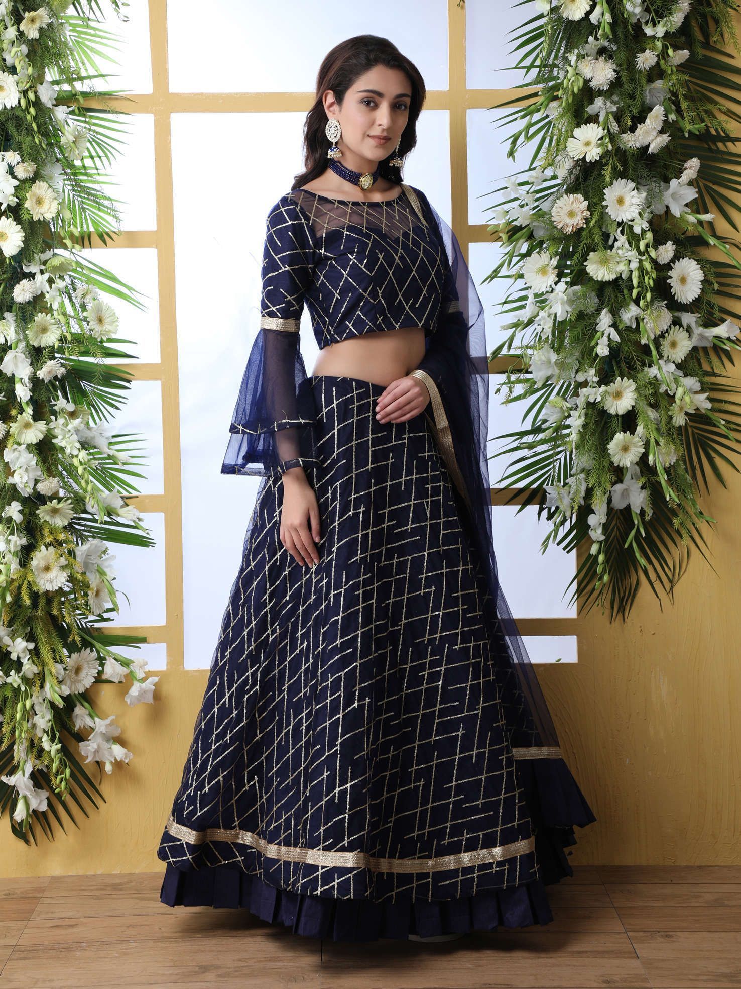 Navy Blue Bell Sleeved Thread Embroidered Party Wear Lehenga Choli