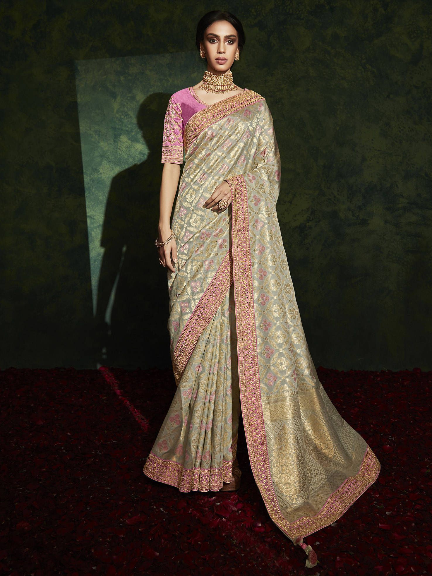Luxurious Cream Weaving Silk Wedding Wear Saree