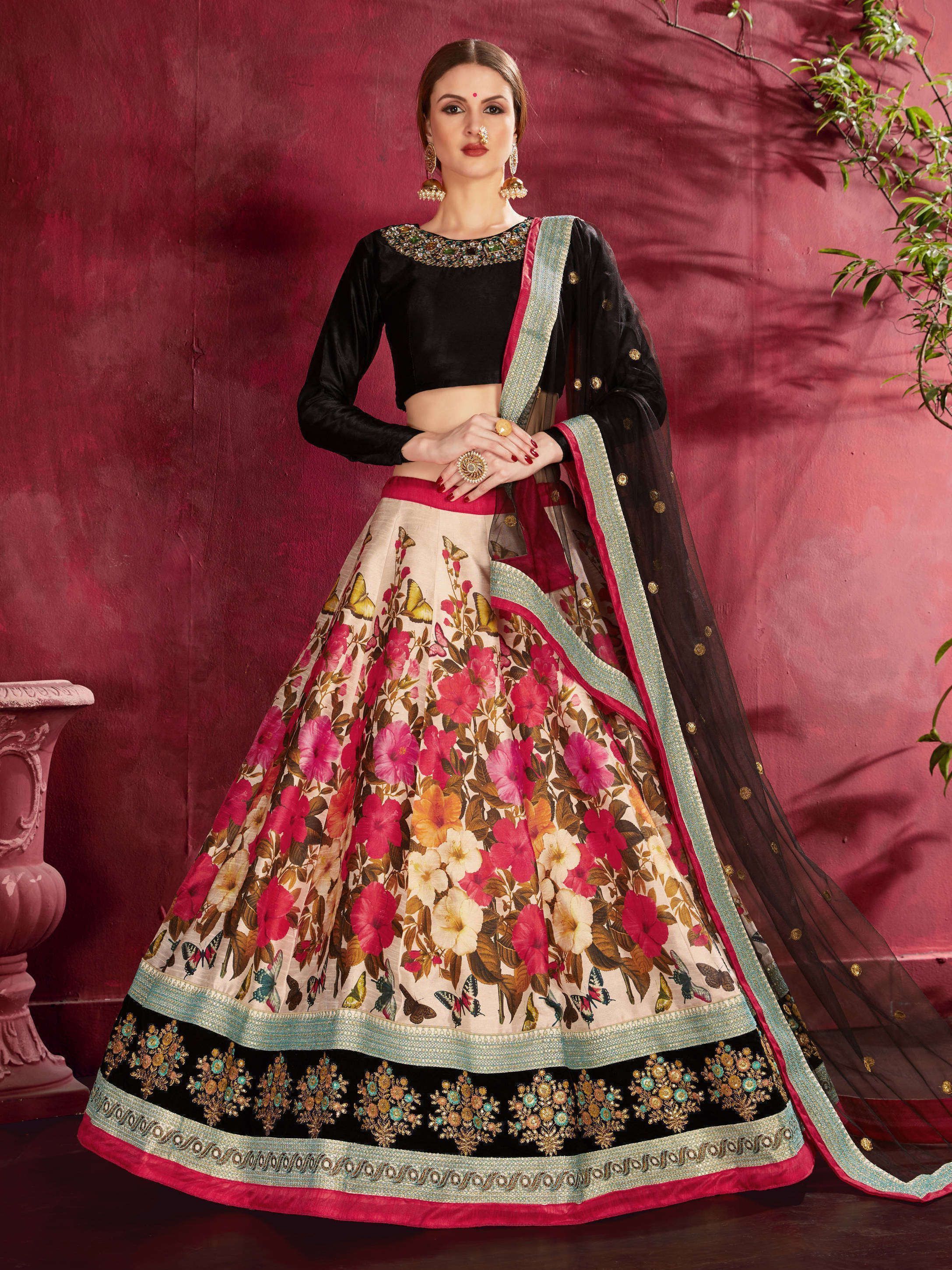 Multi Color Floral Printed Banglory Silk Bridal Lehenga Black Choli And Dupatta