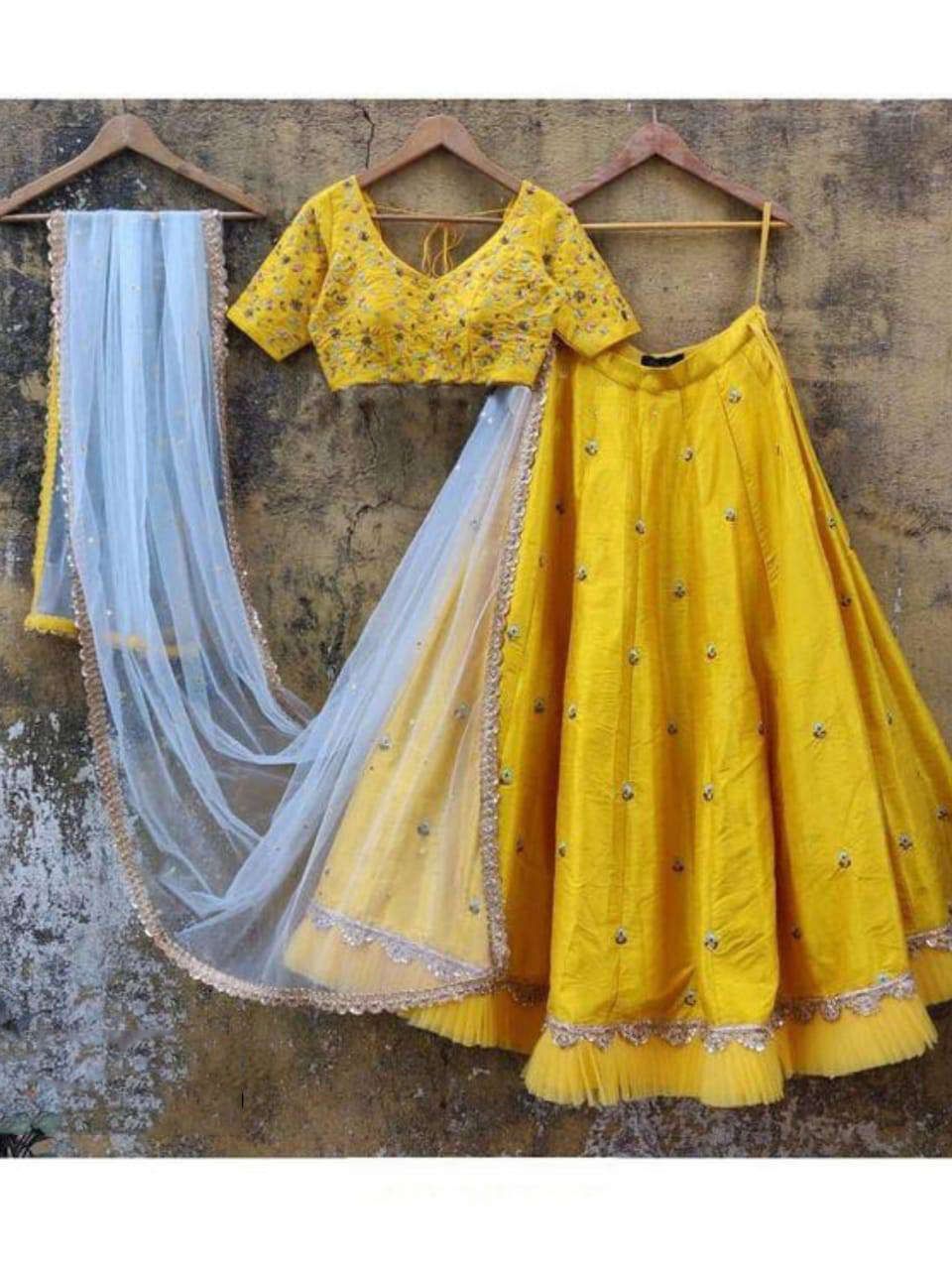 Yellow Embroidery Taffeta Silk Designer Lehenga Choli (Default)